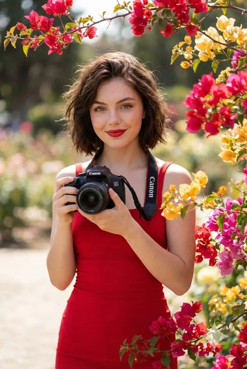 trend prompt: Create hyper-realistic 16k quality image of A young woman with a slightly dark messy hairstyle, fair and smooth skin, red lipstick, wearing a full fancy red bodycon dress . She hold a Canon camera, she is looking into the viewer, captured in a candid, high-key cinematic outdoor portrait The composition is framed by a branch of vivid red/pink/yellow/.