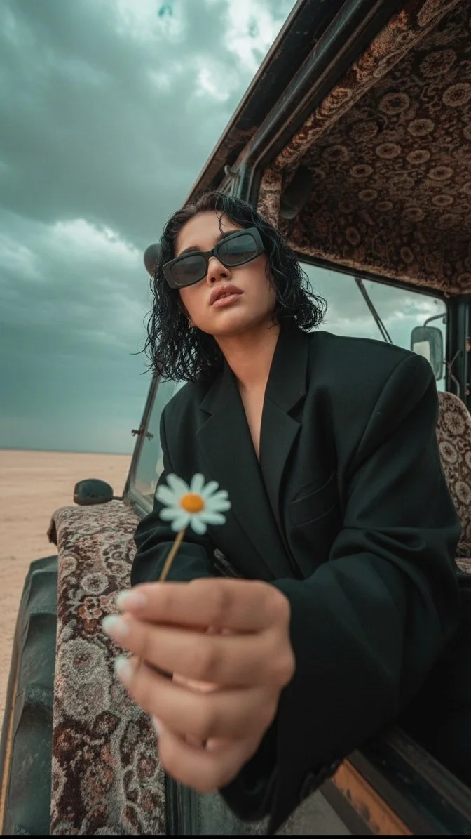 trend prompt: Desert blooms and vintage tractor vibes.
PROMPT Ultra-detailed cinematic close-up photograph, ultra-photorealistic, 8K resolution, shot on a medium format Hasselblad H6D-400c with a 100mm f/2.8 portrait lens. Impeccable sharpness combined with shallow cinematic depth of field, film-grade lighting, subtle grain, blockbuster photography look. Black, wet, curly hair up to the chin. Strictly preserve from the attached first photo, without distortion. Wearing black rectangular sunglasses and a black oversized voluminous blazer. Extreme close-up shot from a dramatic low angle looking upward, distorted perspective. In the foreground, a hand holding a delicate white wildflower slightly out of focus. The man is sitting inside a Belarus 82.1 tractor completely covered in carpet, leaning out of the side window. The tractor is parked in a vast, lifeless desert landscape stretching into the horizon. Heavy cloudy sky, storm-like atmosphere, soft diffused light breaking through clouds, muted color palette, desaturated cinematic tones, subtle teal-and-orange grading. Strong emphasis on facial micro-details, pores, skin texture, moisture on hair strands, wrinkles in the blazer fabric, carpet fibers on the tractor body. Volumetric light rays, atmospheric haze, editorial fashion photography mixed with epic movie still, IMAX-style realism, dramatic mood, hyper-detailed, ultra-sharp, 8K.
