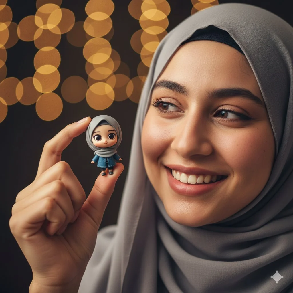 trend prompt: 
A warm, cinematic close-up of a smiling young Muslim woman wearing a soft grey hijab, holding a tiny chibi doll version of herself between her fingers. The doll has big expressive eyes, a matching grey hijab, denim jacket, and cute cartoon proportions. Soft golden bokeh lights in the background, shallow depth of field, cozy evening mood, ultra-detailed skin texture, natural smile, realistic lighting mixed with stylized 3D chibi character design, sharp focus on both faces, vibrant yet soft color grading, photorealistic + Pixar-style blend, high resolution, aesthetic Instagram portrait composition.