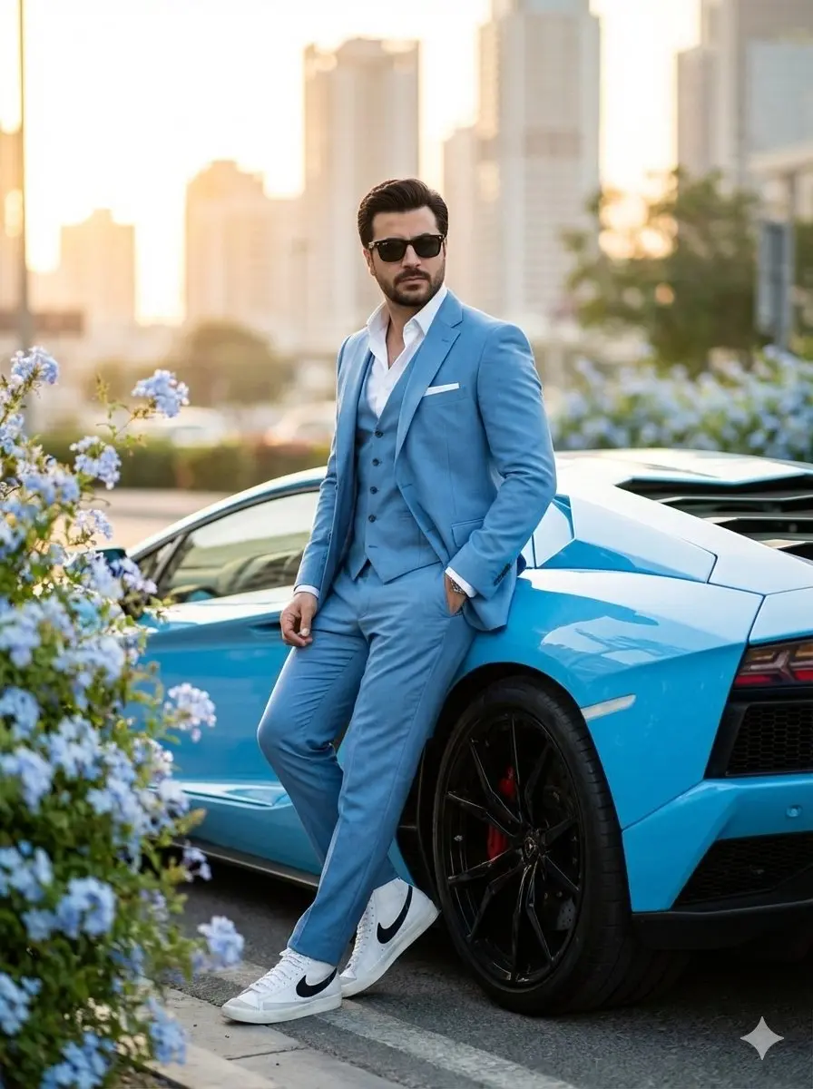 trend prompt: A full-body shot of a sharp, well-groomed man with dark hair and a beard, wearing a tailored light-blue three-piece suit, a crisp white open-collar shirt, and dark sunglasses. He is leaning confidently against a bright cyan-blue Lamborghini Aventador. He is wearing white high-top Nike Blazer sneakers with a black swoosh. The scene is set on a city street at sunset with a soft-focus background of skyscrapers and golden sunlight. In the foreground, there are clusters of light blue hydrangea flowers. High-resolution, cinematic lighting, fashion photography style.
