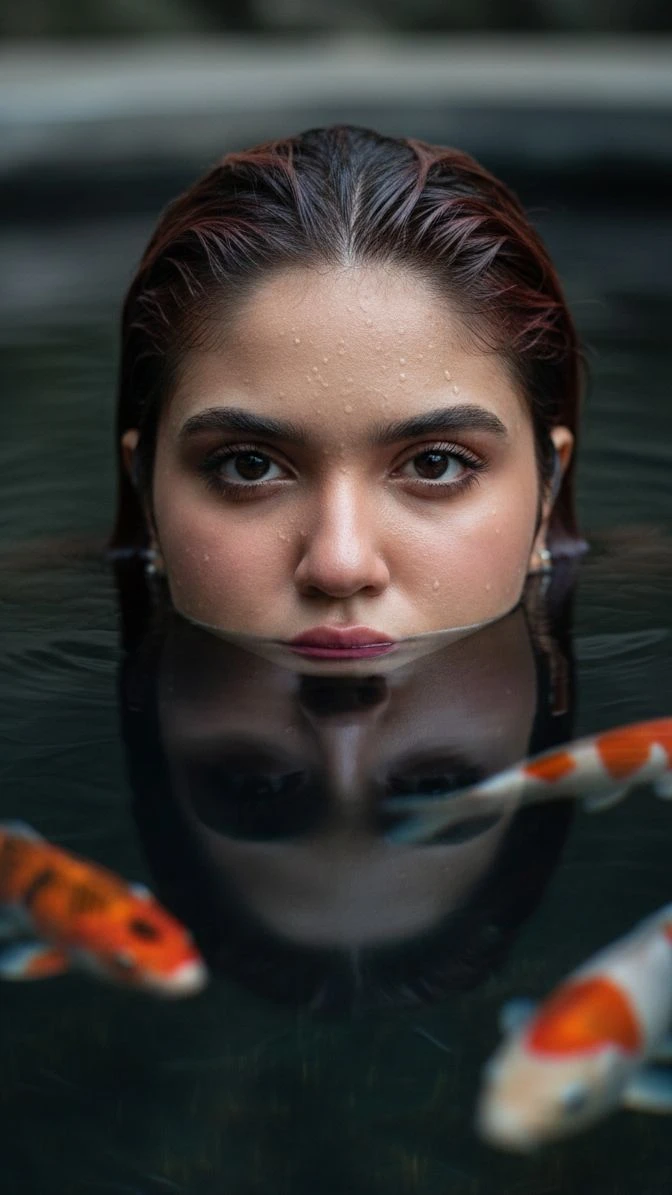 trend prompt: 
​Create an ultra realistic, cinematic and extremely detailed male portrait, showing a man inside a lake/natural well with dark and clean water, with the water level exactly at the height of the nose and mouth, leaving only the eyes, forehead and upper part of the face above the water. The face is wet with visible drops on the skin and forehead, realistic microdrops, extremely sharp skin texture, pores and natural details.
Look: Intense, mesmerizing, straight to the camera, serious and mysterious expression.
Hair: masculine, wet style, with real texture of strands and dripping water.
Composition: absolute focus on the eyes (sharp focus), centered face, extremely close framing (extreme close-up), strong symmetry.
Water: realistic reflection of the face on the surface, small soft ripples, natural refraction.
Elements in the foreground: orange and white koi fish passing in front, blurred (foreground blur), creating cinematic depth and a feeling of "layer".
Background: dark, natural, minimalist, with soft bokeh and no distractions.
Light and color: soft natural light (overcast / open shadow), cinematic contrast, cold and neutral tones (gray, dark green, deep blue) with high light in the eyes and orange fish.
Camera and lens: professional photography, 85mm or 105mm lens, f/1.8, shallow depth of field, eye focus, extreme detail, realistic HDR, premium sharpness, real texture, no AI appearance.
Style: fashion editorial + fine art photography, absolute realism, photo sensation captured by professional full-frame camera, 8K, ultra detailed, cinematic color grading.
​Keep the face exact same. (Use the attached image)