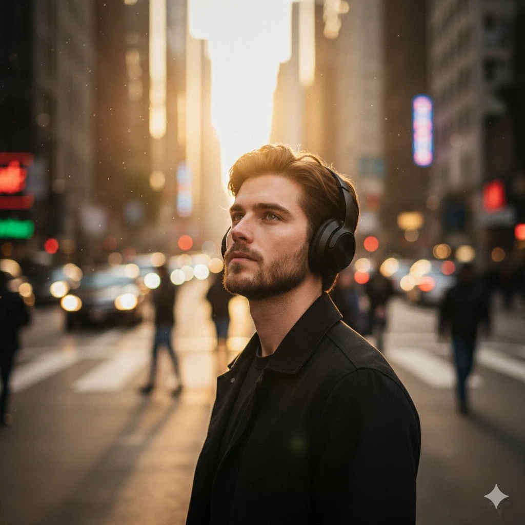 trend prompt: Prompt
Cinematic medium shot of a man with wavy brown hair standing still in a crowded, blurred city street. He is wearing large black over-ear headphones and a thick charcoal grey scarf, looking upwards with a thoughtful, serene expression. Golden hour sunlight creates a warm glow and soft bokeh background of city lights and anonymous pedestrians. High-resolution, photorealistic, shot on 85mm lens, moody urban