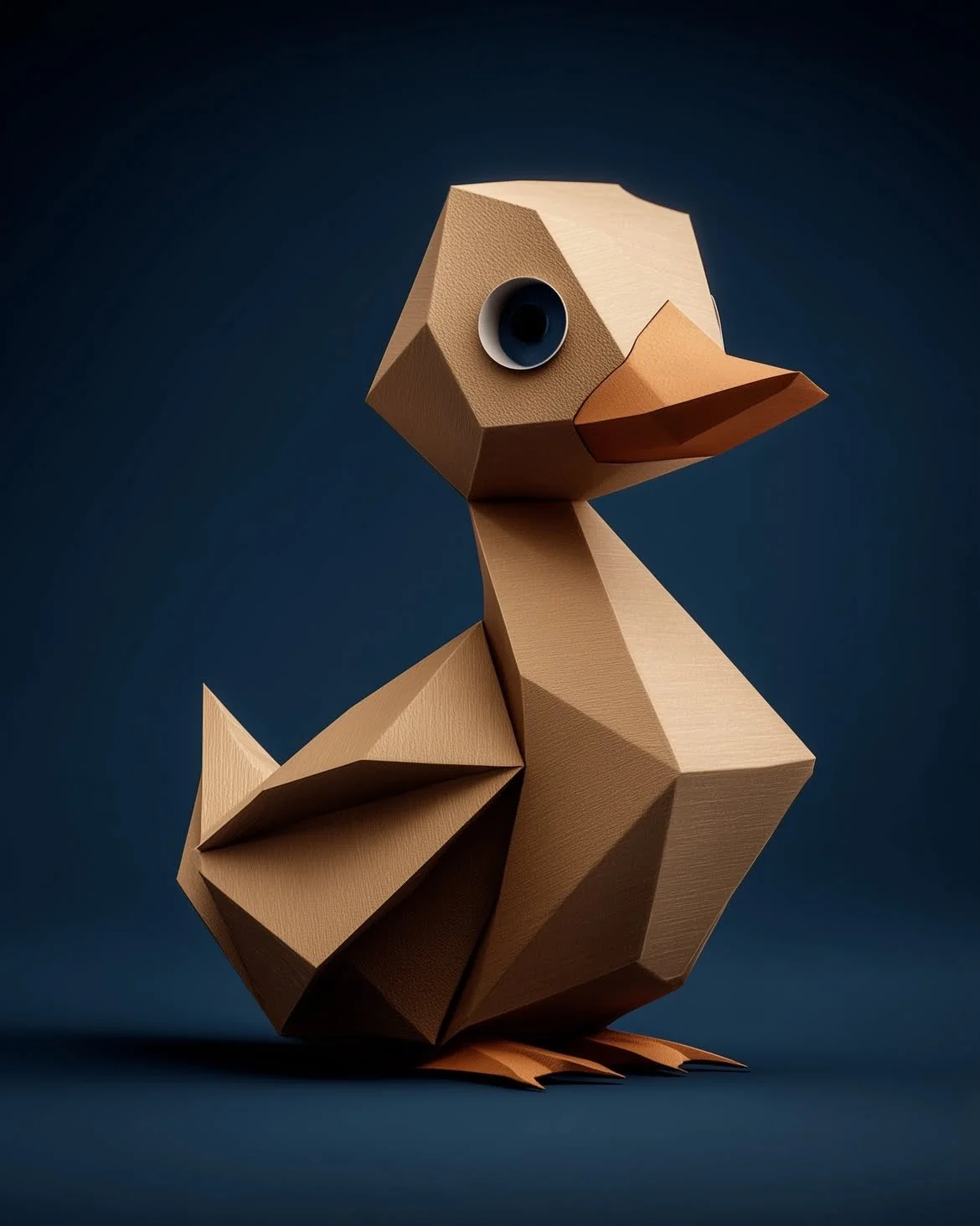 trend prompt: A minimalist low-poly origami duck sculpture made of folded cardboard, geometric faceted design, warm brown paper texture, sharp angular edges, large round glossy eye, small orange beak, studio lighting, soft shadow beneath, centered