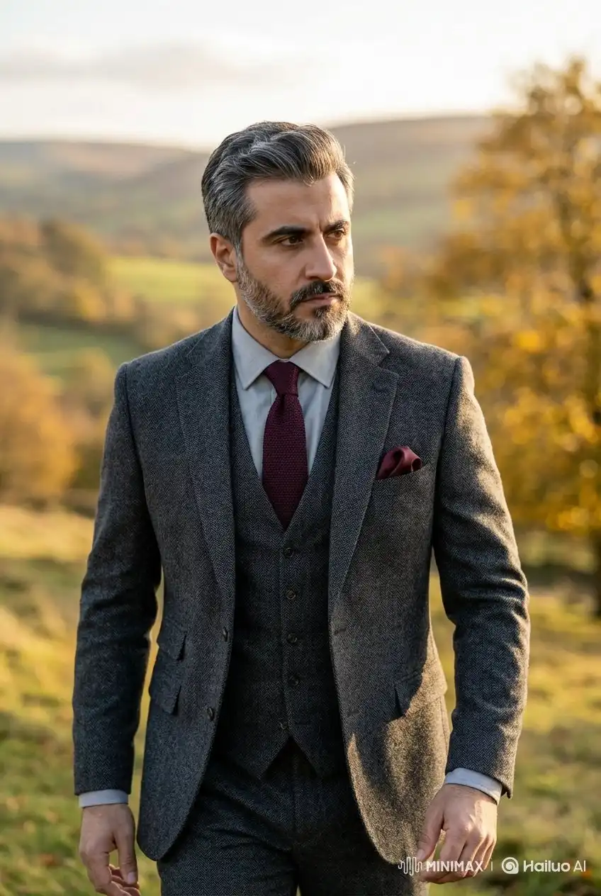 trend prompt: Photorealistic portrait of a sophisticated, handsome South Asian or Middle Eastern man in his mid-40s, salt-and-pepper gray wavy hair, full well-groomed beard, intense thoughtful expression, looking slightly to the side with a serious gaze, standing confidently in a rolling English countryside landscape during golden hour sunset, warm golden sunlight casting soft highlights and long shadows over green hills and autumnal grass, wearing a classic textured gray herringbone tweed three-piece suit — single-breasted jacket, matching vest with six buttons, flat-front trousers — paired with a crisp light gray dress shirt, deep burgundy maroon silk tie, matching burgundy pocket square in the jacket pocket, white shirt cuffs visible, elegant tailored fit, high detail on tweed fabric texture, subtle weave pattern, realistic skin pores and beard hairs, cinematic lighting, shallow depth of field, professional fashion photography style, ultra-detailed, 8k resolution, natural outdoor setting, dramatic yet refined mood.