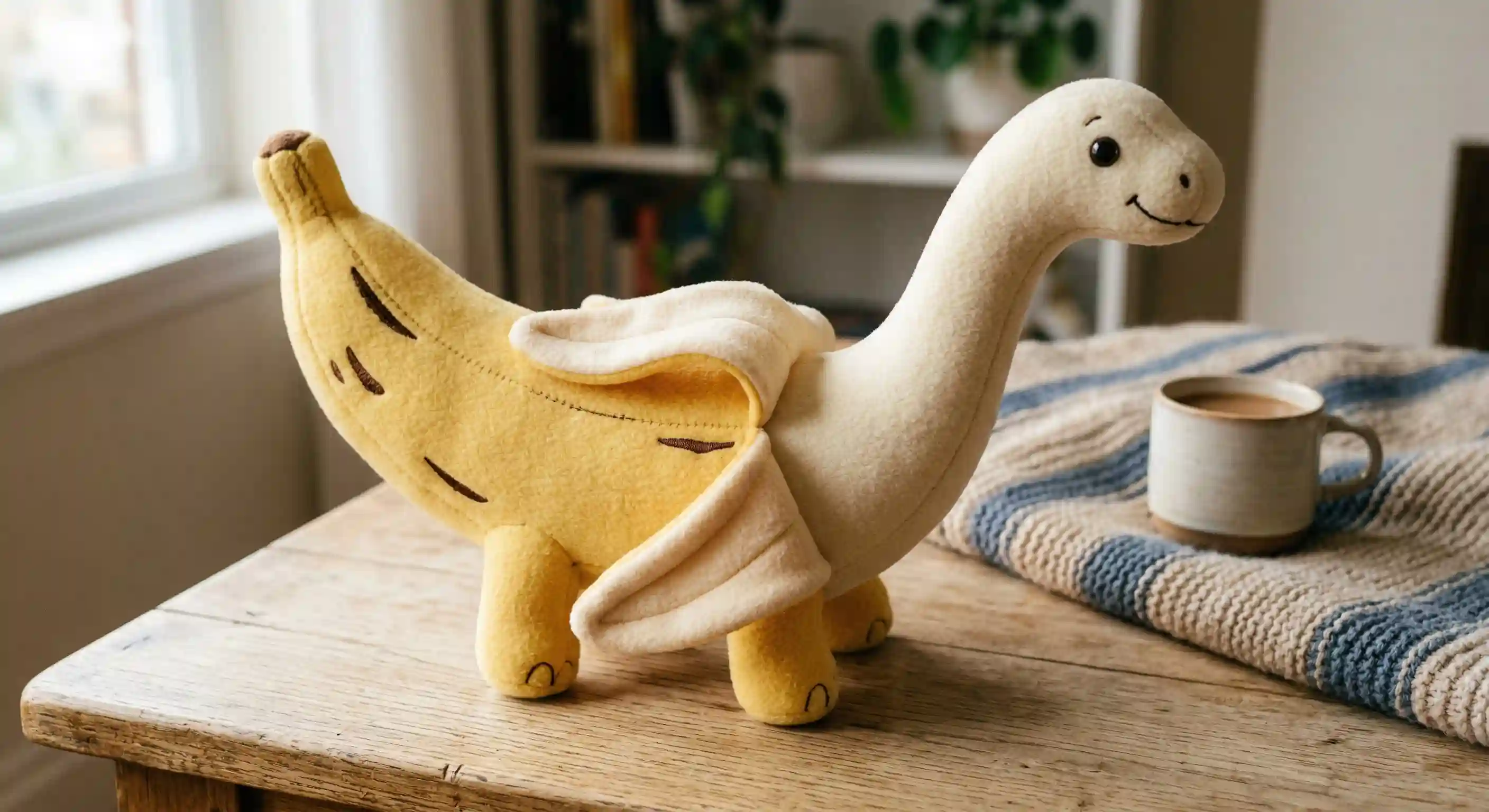 trend prompt: Make a photo of a half peeled banana plushie, the plushie is also a sauropod