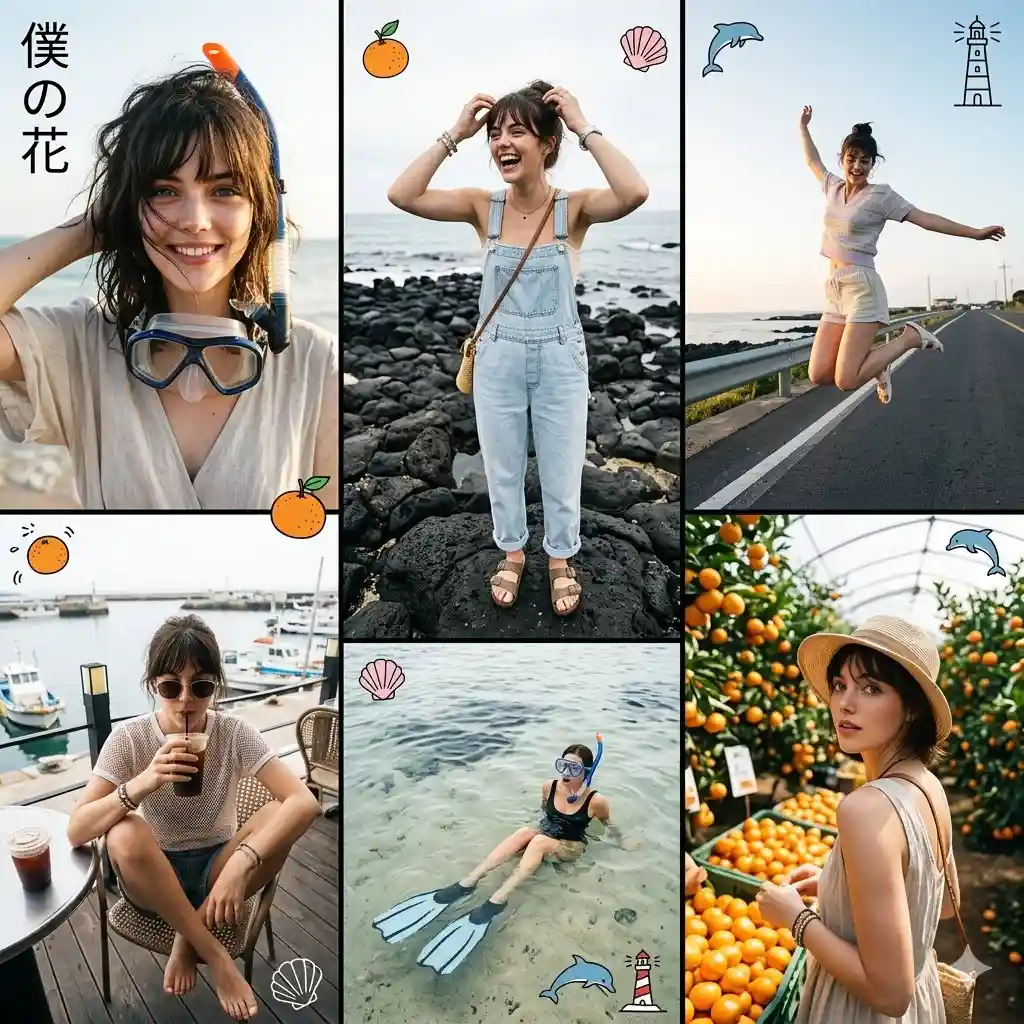 trend prompt: Five asymmetric editorial panels collage, fashion contact sheet style, irregular layout with varied panel sizes, dynamic magazine composition
Jeju Island summer 2026 fashion editorial, face reference, a stylish subject appearing across the panels in spontaneous travel moments around Jeju Island, South Korea
each panel may capture a different moment — the subject may appear facing the camera, from behind, side view, three quarter view, mid-turn, glancing back over the shoulder, or looking toward something off-frame
actions may vary across panels — sitting, standing, leaning, walking, running, jumping mid-air, straddling an object, pausing mid-step, posing casually, laughing, fixing hair in the coastal wind, taking photos on land, browsing a shop, on the phone, eating a popsicle, sipping iced coffee, relaxing near the sea, snorkeling, preparing to dive, emerging from the water, or floating in shallow water
camera perspectives may vary across panels — close portrait, half body, full body, wide environmental shot, street photographer distance, overhead angle, low angle, tilted framing, dynamic editorial composition, underwater viewpoint or half-submerged perspective
Korean summer wardrobe interpreted freely with layered possibilities — light outer pieces, breezy inner garments, relaxed Korean silhouettes, airy fabrics such as cotton, linen, light denim, knit or mesh, open color palette ranging from soft neutrals and pastel tones to vibrant seasonal colors, occasionally mixed with beachwear or light aquatic gear such as snorkel masks, wetsuit elements, or swim layers
footwear may vary including sneakers, casual shoes, sandals, slippers, beach footwear, barefoot moments, or diving fins in water scenes
accessories are optional and varied — headwear, glasses, bracelets, rings, necklaces, watches, scarves, small bags, hats, snorkel masks, or no accessories at all
small objects may appear such as handheld fans, popsicles, iced coffee, canned drinks, shopping bags, snorkeling gear, or casual travel items
important constraint — cameras may appear only in dry land scenes, cameras are never taken into the water or used during underwater moments
set anywhere across Jeju Island — volcanic coastlines, black rock beaches, seaside roads, coastal cliffs, clear blue water coves, snorkeling spots, small harbors, tangerine orchards, grassy hills, quiet village streets, seaside cafes, markets, stairways, countryside paths, lighthouses, fields, or scenic overlooks
different panels may occur at different times of day — bright morning sunlight, soft afternoon light, golden hour glow, sunset warmth, blue hour twilight, or evening scenes with harbor lights
weather may vary — clear sky, coastal wind, humid warmth, light rain, sea mist, or fresh post-rain air
subtle travel scrapbook details — a few small playful sticker doodles inspired by Jeju such as tiny tangerines, seashells, dolphins, waves, lighthouse icons, or small hearts, minimal and lightly scattered so they do not dominate the composition
candid documentary fashion photography feeling, gritty grainy texture, low quality camera, uneven lighting, spontaneous imperfections
vertical Japanese text
僕
の
花 positioned at the top left of the composition