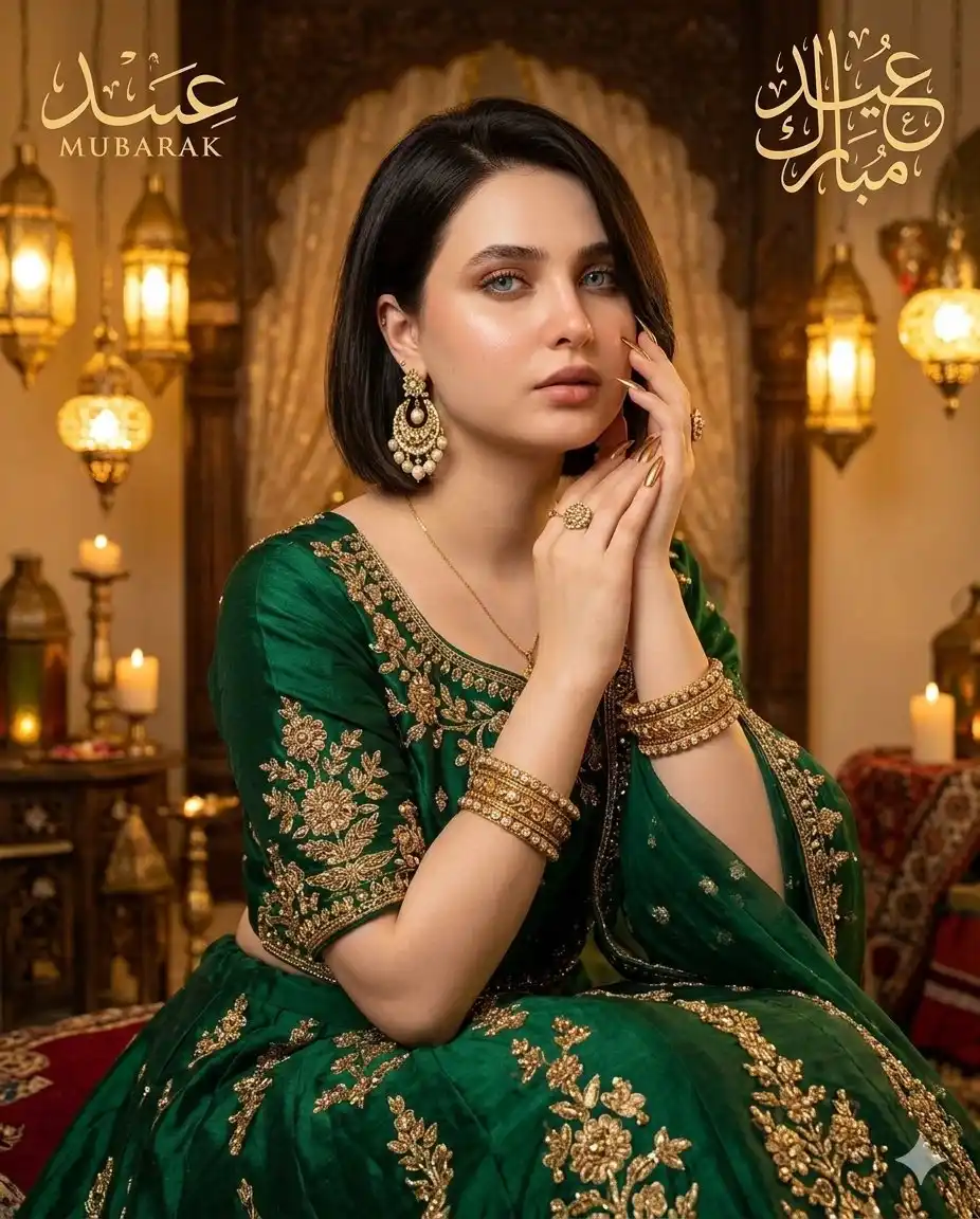 trend prompt: 
A beautiful young woman wearing a pastel embroidered salwar kameez with a matching dupatta draped gracefully over her head, soft natural makeup, standing in a warmly lit room decorated with glowing fairy lights, golden crescent moon and hanging lanterns, subtle Arabic calligraphy in the background, soft bokeh lighting, shallow depth of field, cinematic portrait, ultra realistic, 85mm lens, warm tones, Eid Mubarak text in elegant gold typography