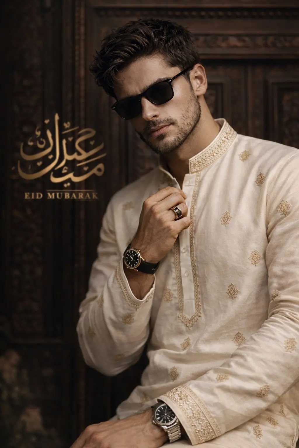 trend prompt: 
A cinematic fashion portrait of a stylish young man posed confidently before a grand traditional wooden doorway adorned with intricate carvings. He wears a sophisticated off-white kurta featuring delicate gold embroidery, exuding understated luxury. His posture is relaxed yet poised, one hand casually tucked into his pocket while the other adjusts his collar, with a calm, self-assured expression.
He has medium-length wavy dark hair, a neatly groomed beard, and is styled with black rectangular sunglasses, a premium wristwatch, and a bold statement ring.
The scene is illuminated with warm natural light, casting soft shadows that enhance depth and mood. Shot with a shallow depth of field, the subject remains in crisp focus while the richly detailed background gently blurs. The composition carries a festive cultural vibe, inspired by Eid, with elegant golden Arabic calligraphy reading “Eid Mubarak” subtly placed to the side.
Ultra-realistic skin texture, high contrast, cinematic color grading with warm yet moody tones. Captured in professional fashion photography style using an 85mm lens at f/1.8, 8K resolution, highly detailed, photorealistic finish.