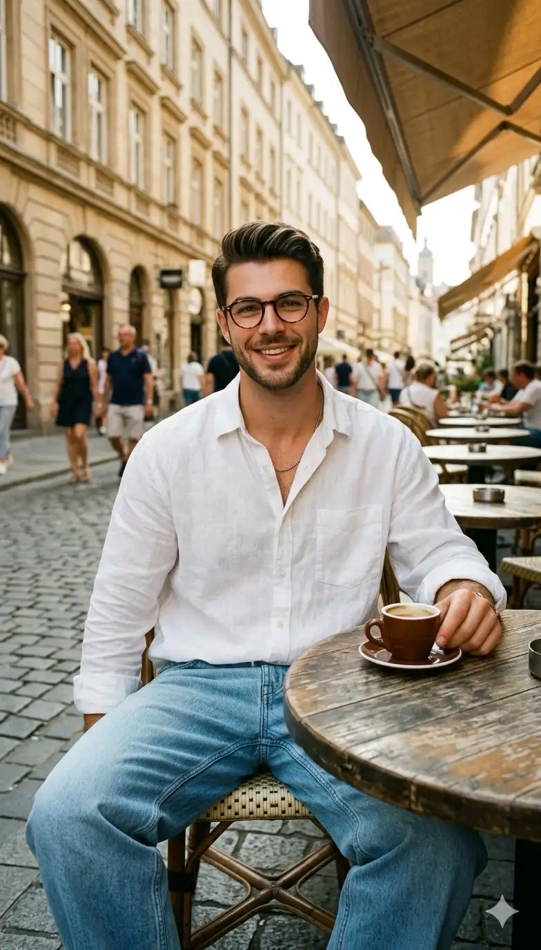 trend prompt: Cinematic lifestyle street photo of a young man sitting at a small round wooden table at a street-side café, looking at the camera He wears round tortoiseshell glasses, a loose white button-up shirt slightly open at the collar, and light blue