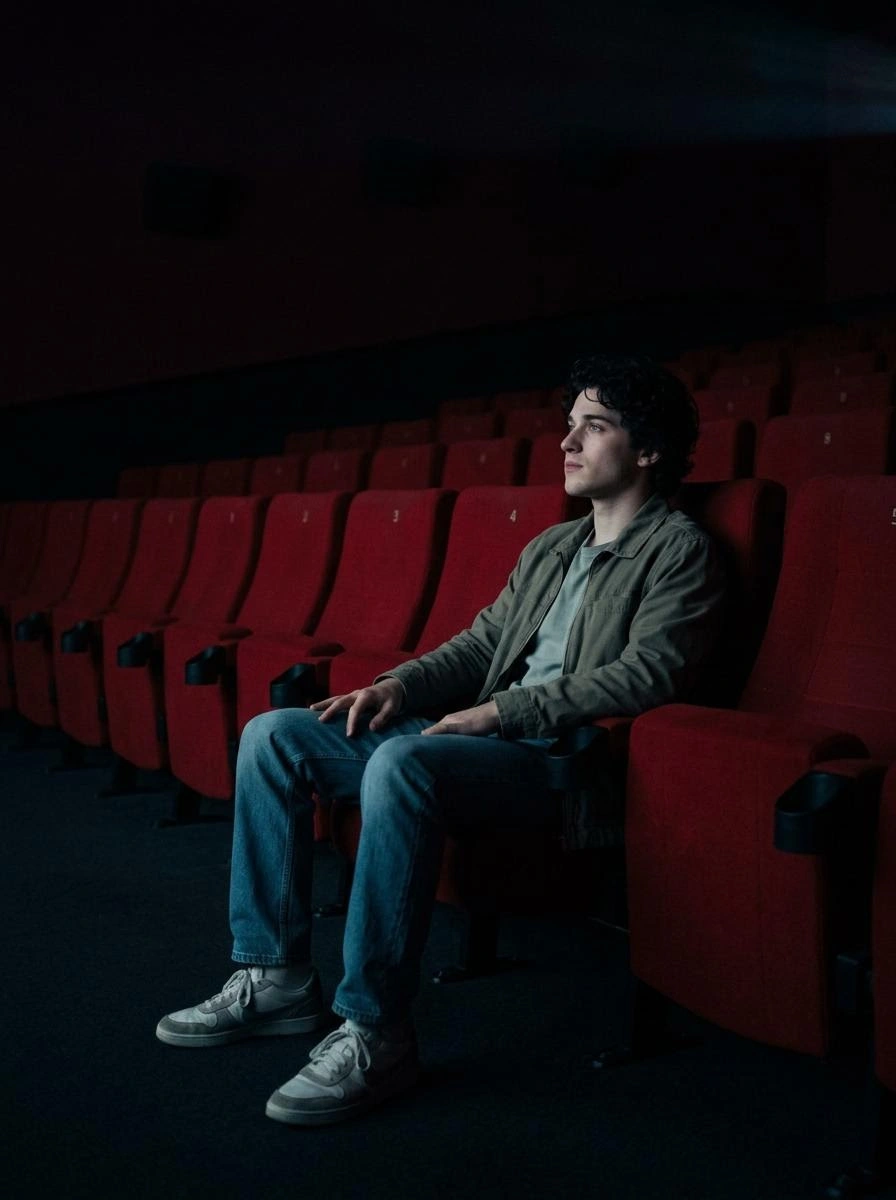 trend prompt: Create a realistic cinematic photo of a person using the face from the uploaded image. The person is sitting alone in a large empty cinema hall, facing the screen. The camera is placed slightly to the side, capturing both the person and part of the big screen. The only light in the scene comes from the movie screen, softly lighting the person’s face and creating a dark surrounding. Rows of empty seats are visible around, fading into darkness. The mood is calm, emotional, and cinematic. The person is wearing casual modern clothes like a t-shirt, jacket, jeans, and sneakers. Natural relaxed posture, looking toward the screen. Cinematic lighting, soft glow on the face, deep shadows, atmospheric depth, ultra realistic photography, movie-scene composition.