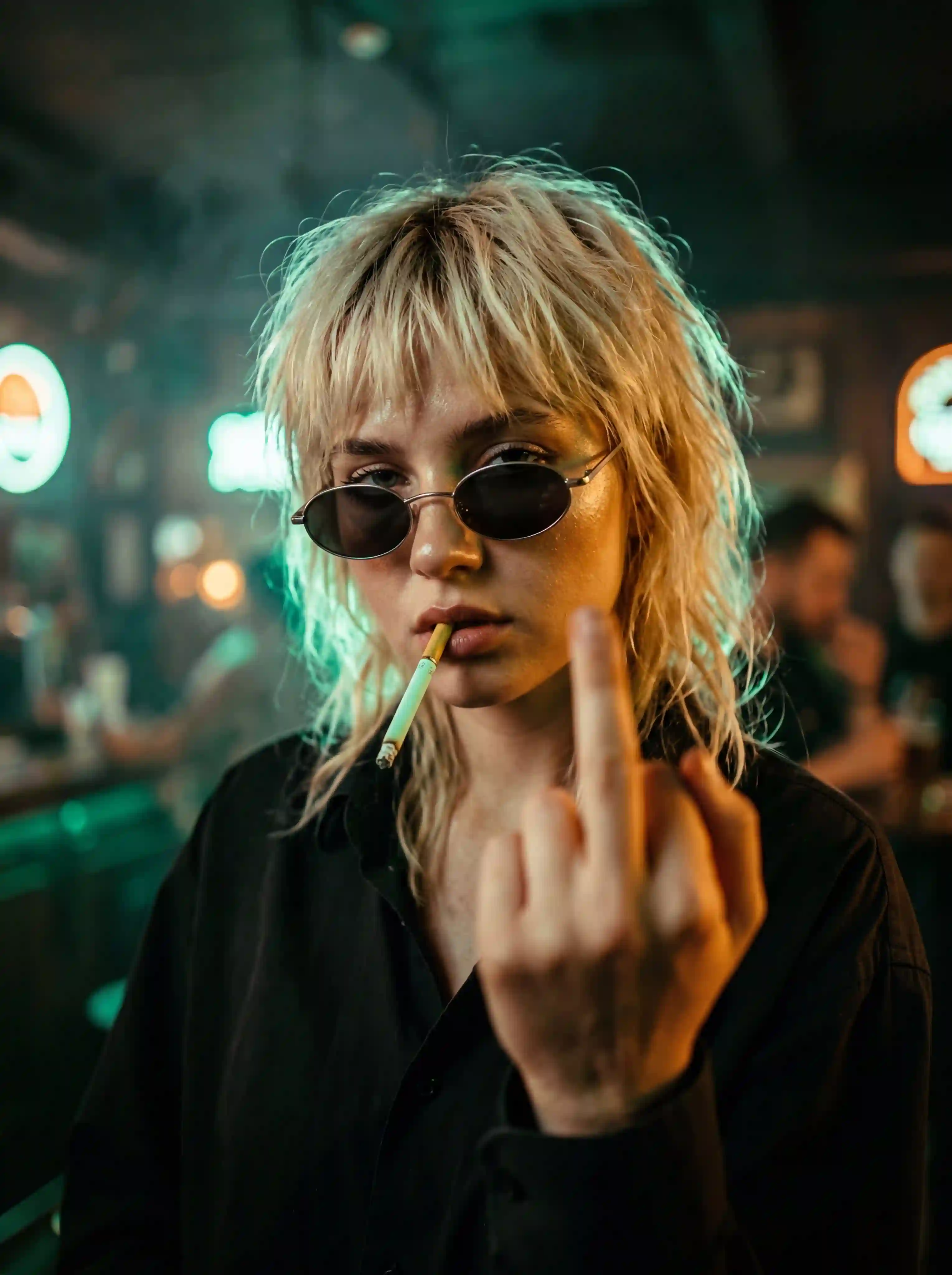 trend prompt: A high-intensity, cinematic close-up portrait of a defiant young woman with messy, bleach-blonde hair and a gritty, rock-and-roll aesthetic. The shot is captured in a dark, atmospheric indoor setting—likely a nightclub or underground bar—saturated with a moody teal-and-amber color grade.
Appearance: The woman has a disheveled, "wolf-cut" hairstyle with choppy bangs and frizzy texture. She wears thin, silver-framed oval sunglasses with dark lenses.
Expression: She stares directly into the lens with a provocative, bored, and rebellious gaze.
Action: She holds a mint-green cigarette with a gold filter tip between her lips and prominently raises her middle finger in the immediate foreground, creating a strong sense of depth.
Attire: She is wearing a dark, oversized black button-up shirt or denim jacket that disappears into the shadows.
Primary Light: A warm, golden-amber light hits the right side of her face and hair, creating a dewy glow on her skin.
Secondary Light: A cool, neon-green/teal backlight provides a sharp rim-light effect on her hair and the left side of the frame.
Atmosphere: Heavy cinematic haze or light smoke fills the room, causing the background lights to bloom into soft, circular bokeh.
Color Palette: Deep emerald greens, burnt orange, and rich blacks.
Camera Angle: Eye-level, extreme close-up.
Lens: 35mm or 50mm prime lens with a wide aperture (approx. f/1.8) to create a very shallow depth of field.
Film Style: High-contrast photography with noticeable film grain and slight chromatic aberration on the edges of the hair.
Focal Point: Sharp focus on the subject's face and the tip of the raised finger, while the background and the woman's shoulders blur into darkness.