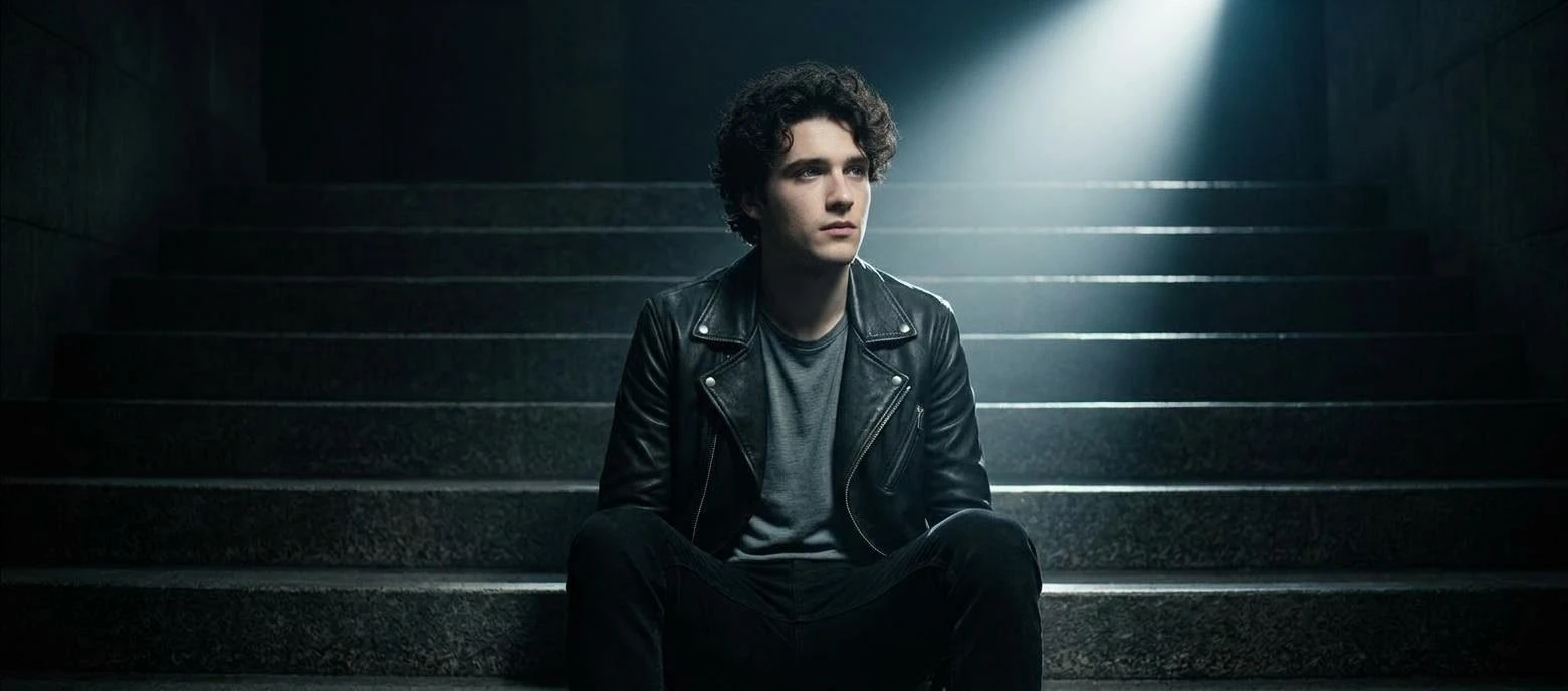 trend prompt: Create a cinematic Hollywood-style photo of a person using the face from the uploaded image. The person is sitting alone on a set of wide stairs in a dark environment. A strong, focused beam of light falls perfectly on their face and upper body, while the rest of the surroundings remain in deep shadow. The lighting is dramatic and emotional, creating a powerful contrast between light and darkness. The person’s expression is calm, thoughtful, and slightly intense. The camera is positioned slightly low and centered, giving a cinematic movie-scene feel. The stairs are textured and realistic, adding depth to the composition. The person is wearing a stylish modern outfit such as a jacket, t-shirt, and jeans. Ultra realistic photography, dramatic shadows, cinematic lighting, atmospheric depth, Hollywood movie still, high detail, professional composition.