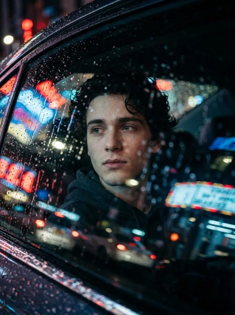 trend prompt: Create a highly cinematic and realistic photo of a person using the face from the uploaded image. The person is sitting inside a car at night, looking out through a rain-covered window. The camera is positioned outside the car, capturing the person through the wet glass. Raindrops and streaks of water are clearly visible on the window, with reflections of city lights, neon signs, and passing cars blending into the glass. The person’s face is softly lit by ambient street lights and subtle interior car lighting, creating a moody and emotional expression. The background outside is blurred with colorful bokeh lights (red, blue, yellow), giving a deep cinematic feel. The person is wearing a modern outfit like a hoodie or jacket. The mood feels introspective and film-like. Ultra realistic photography, shallow depth of field, dramatic lighting, reflections, rain texture, Hollywood movie scene composition, high detail.