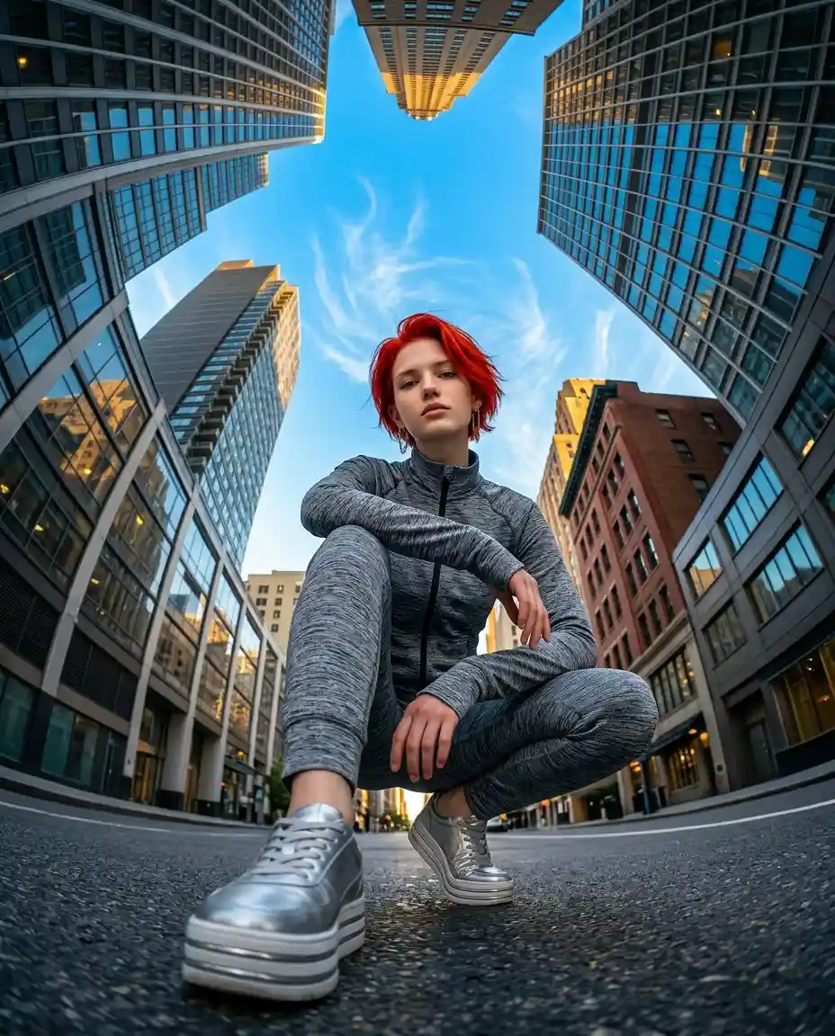 trend prompt: Extreme low-angle fisheye shot of a person crouching on a city street, looking down at the camera with a neutral, calm expression.
Vibrant red hair, wearing a grey athletic tracksuit and silver platform sneakers. Towering urban buildings and a bright blue sky with wispy clouds in the background.
Hyper-realistic, 8k resolution, cinematic lighting, sharp details, high contrast.
