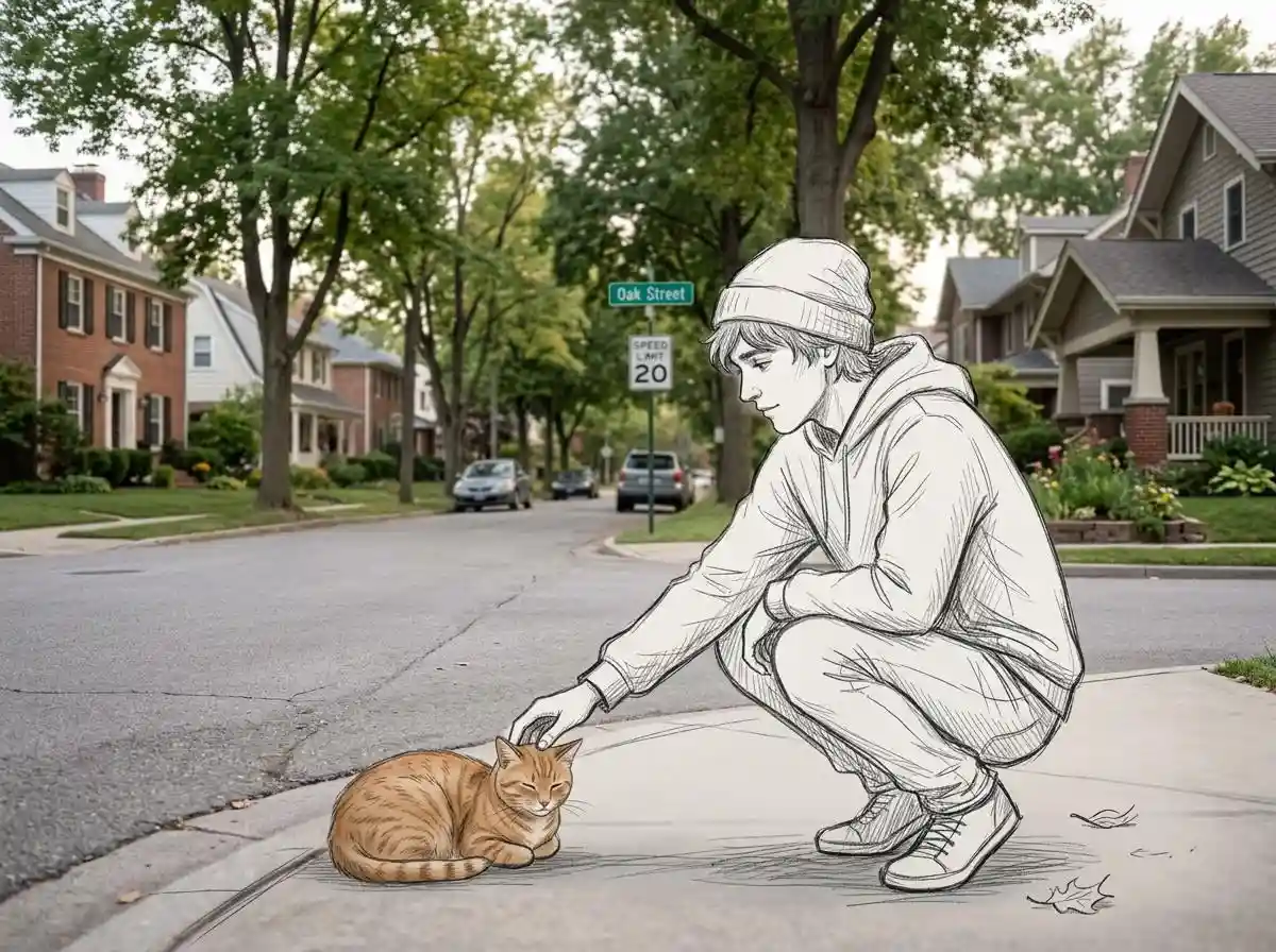 trend prompt: Create a realistic photo of a quiet residential street in soft daylight, with natural lighting and a calm atmosphere. The scene looks like a candid everyday moment, with houses, road signs, and trees in the background. In the foreground, add a hand-drawn sketch-style character interacting with the real world - the character is crouching and gently petting a small cat on the street. The character is drawn in a simple pencil sketch style with visible lines, slightly rough and artistic, like it’s drawn on top of the photo. Blend the sketch and real environment naturally so it feels connected and emotional. Cinematic composition, soft lighting, peaceful mood, realistic background with artistic sketch overlay.