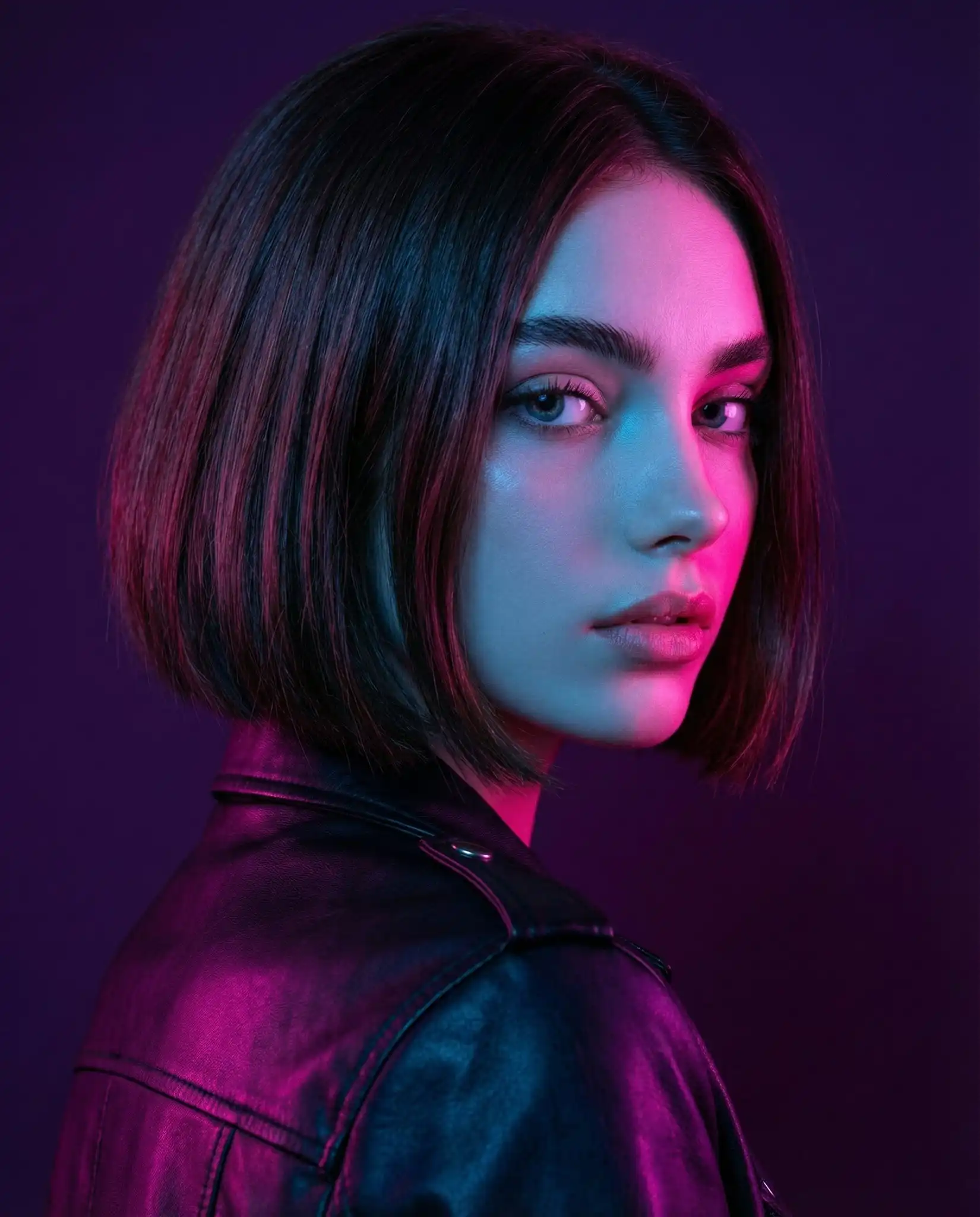trend prompt: A portrait of a woman with a short dark bob haircut looking over her shoulder, dramatic neon pink and blue lighting on her face and shoulder, dark purple background, high-end fashion photography style, sharp focus, 8k.