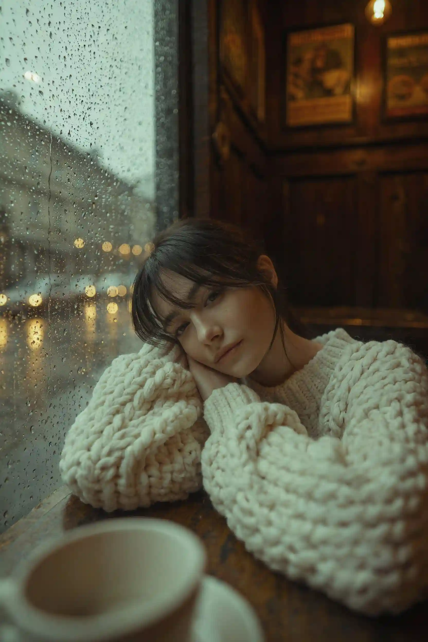 trend prompt: A cinematic, high-resolution portrait of a young woman with dark hair and soft bangs, leaning her head on her hand in a cozy, dimly lit cafe. She is wearing a thick, chunky white cable-knit sweater that fills the lower half of the frame with rich texture. To her left, a large window is covered in a dense pattern of raindrops, with a blurred city street and glowing bokeh lights visible through the glass. The interior is filled with warm, nostalgic lighting, featuring vintage framed posters and a dark wood-paneled wall in the background. In the extreme foreground, an out-of-focus white ceramic cup of coffee sits on a wooden table. The image has a soft film grain, a shallow depth of field, and a quiet, moody, and serene atmosphere.