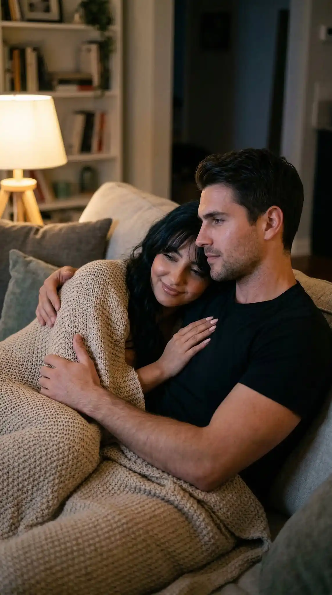 trend prompt: {
  "generation_request": {
    "meta_data": {
      "tool": "Nano Banana 2",
      "task_type": "blanket_cuddle_movie_night_realistic",
      "version": "LOVE_Hug"
    },
    "input": {
      "mode": "text_to_image",
      "notes": "Ultra photoreal candid moment of a couple cuddling together under a blanket while watching a movie at home. Must feel deeply warm, intimate, romantic, and real, like a quiet private evening captured naturally, not staged."
    },
    "scene": {
      "location": "home living room",
      "time": "night",
      "environment": "cozy couch, soft warm lamplight or TV glow, blanket covering both of them, lived-in home atmosphere, quiet intimate evening mood"
    },
    "subjects": {
      "interaction": "they sit very close together under one blanket on the couch, the woman leaning fully into the man while he wraps one arm around her shoulders or upper body, both relaxed and absorbed in the shared comfort of the moment",
      "emotion": "safety, warmth, tenderness, emotional closeness, peaceful love, home comfort",
      "micro_expression": "soft relaxed faces, faint content smile, calm eyes, natural emotional softness, one or both may look gently toward the screen or toward each other",
      "body_language": "fully relaxed cuddle posture, natural shoulder and head placement, close body contact, no stiffness, no posed energy"
    },
    "styling": {
      "woman": "soft home outfit or cozy pajama set, same established hair color, open slightly messy wavy hair or a loose relaxed home hairstyle",
      "man": "simple homewear such as a t-shirt or relaxed long-sleeve top, natural fit, comfortable and realistic"
    },
    "camera": {
      "lens": "50mm intimate lifestyle photography",
      "aperture": "f1.8",
      "depth_of_field": "soft shallow depth of field with gentle background blur",
      "framing": "medium shot showing both of them under the blanket on the couch",
      "angle": "slightly side angle or front three-quarter angle, as if quietly captured from inside the room",
      "motion": "still, calm, natural capture"
    },
    "lighting": {
      "type": "soft practical living room light mixed with subtle TV glow",
      "behavior": "warm low light on faces and blanket, gentle shadow falloff, realistic indoor evening light",
      "skin_response": "natural skin texture, soft real-life glow, no smoothing, no plastic effect"
    },
    "color": {
      "palette": "warm beige, soft amber, muted home neutrals, cozy fabric tones, natural skin tones",
      "grade": "cinematic but subtle, cozy and intimate, no HDR, no heavy filter"
    },
    "realism": {
      "faces": "fully natural human faces, realistic proportions, no AI beauty filter, no exaggerated perfection",
      "skin": "visible pores, slight natural imperfections, believable indoor light interaction",
      "hair": "natural strands, slightly messy, realistic home texture",
      "blanket": "realistic fabric folds, believable weight and drape over both bodies",
      "hands": "natural relaxed hand placement, correct finger anatomy, no extra fingers, no warped hands",
      "anatomy": "perfect anatomy, realistic cuddle posture, correct head, shoulder, torso, and arm alignment",
      "contact": "realistic full-body closeness, believable weight and pressure, no body intersection",
      "moment": "must feel like a real private movie night moment captured without interrupting them"
    },
    "rules": {
      "no_text": true,
      "no_ring": true,
      "no_perfect_pose": true,
      "avoid": [
        "posed cuddle",
        "fashion shoot look",
        "AI face",
        "plastic skin",
        "studio lighting",
        "perfect symmetry",
        "forced sensuality",
        "visible movie screen content",
        "text",
        "watermark",
        "logo"
      ]
    }
  }
}