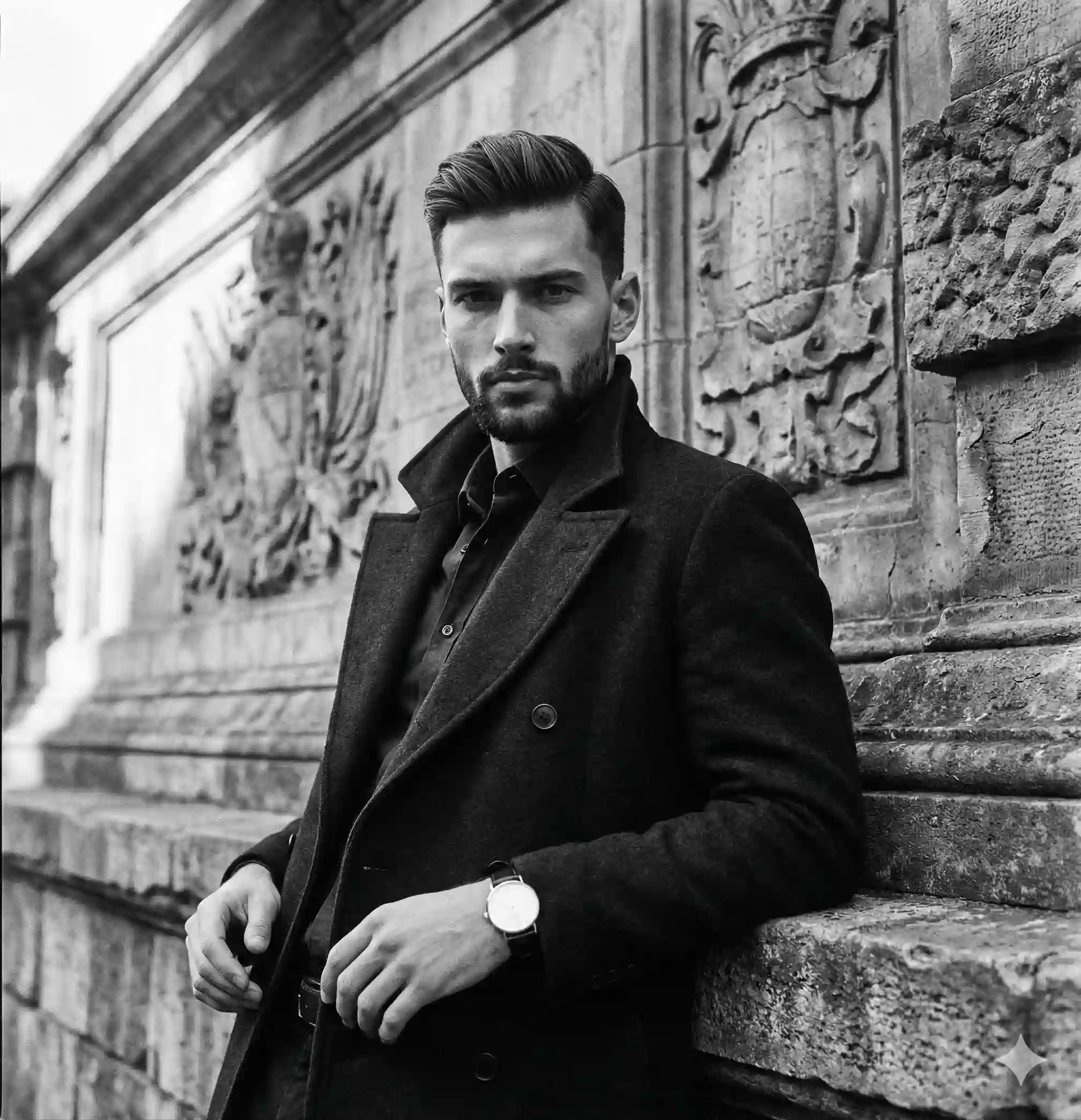 trend prompt: {
"metadata": {
"image_type": "photograph",
"primary_purpose": "editorial/portrait"
},
"composition": {
"rule_applied": "rule of thirds",
"aspect_ratio": "4:5",
"layout": "single subject with environmental context",
"focal_points": [
"Subject's eyes and face",
"Subject's hands and the classic watch on the left wrist"
],
"visual_hierarchy": "Eye starts at the subject's face due to contrast and direct gaze, travels down the v-neck line of the black coat, lands on the resting hands and watch, then moves to the carved stone textures in the background.",
"balance": "asymmetric - subject is centered but background weight (carvings) is heavy on the top left"
},
"color_profile": {
"dominant_colors": [
{
"color": "Black",
"hex": "#080808",
"percentage": "45%",
"role": "primary subject clothing and deep shadows"
},
{
"color": "Light Gray",
"hex": "#D1D1D1",
"percentage": "30%",
"role": "background stone wall and foreground ledge"
},
{
"color": "Mid Gray",
"hex": "#7A7A7A",
"percentage": "20%",
"role": "subject skin tones and mid-ground shadows"
},
{
"color": "White",
"hex": "#F5F5F5",
"percentage": "5%",
"role": "watch face and stark stone highlights"
}
],
"color_palette": "monochromatic",
"temperature": "neutral",
"saturation": "black and white",
"contrast": "high contrast"
},
"lighting": {
"type": "natural window/outdoor diffused",
"source_count": "single source",
"direction": "front 45-degree side from the upper left",
"directionality": "moderately directional",
"quality": "soft light with sculpted falloff",
"intensity": "moody/high-key background with low-key subject",
"contrast_ratio": "medium contrast",
"mood": "dramatic/serious",
"shadows": {
"type": "soft gradual edges",
"density": "deep black in coat, gray on face",
"placement": "under the chin, right side of the face, deep folds of the coat, under the ledge",
"length": "short"
},
"highlights": {
"treatment": "preserved",
"placement": "on the left cheek, nose bridge, watch dial, and prominent edges of the background stone carvings"
},
"ambient_fill": "present",
"light_temperature": "neutral"
},
"technical_specs": {
"medium": "digital photography",
"style": "realistic/editorial",
"texture": "sharp/grainy",
"sharpness": "tack sharp on subject",
"grain": "film grain",
"depth_of_field": "medium - subject is isolated but background details remain highly legible",
"perspective": "straight on, eye-level"
},
"artistic_elements": {
"genre": "portrait/editorial/fashion",
"influences": [
"Classic European cinema",
"High-end menswear editorial photography",
"Peter Lindbergh style monochrome portraits"
],
"mood": "sophisticated/dramatic/serious",
"atmosphere": "Cold, classic, and intensely focused, grounded by historic architecture.",
"visual_style": "structured and clean but texturally rich"
},
"typography": {
"present": false,
"fonts": [],
"placement": "none",
"integration": "none"
},
"subject_analysis": {
"primary_subject": "Young adult male wearing a heavy black wool double-breasted overcoat and a dark inner layer. Hair Analysis: Hair length is roughly 3-4 inches on top, styled into a classic swept-back wave with a loose, organic texture pattern. The cut is a tapered classic men's cut with shorter sides blending seamlessly into a well-groomed, short stubble beard. Texture is natural with visible imperfections, including slightly uneven wave groupings and subtle flyaways on the top and right sides, completely avoiding an 'AI smooth' appearance. The hair appears styled with a matte product like clay or paste, providing volume and hold without shine. Part is indistinct, brushed back generally from the forehead. Sideburns are short and blended.",
"positioning": "center",
"scale": "medium/waist-up",
"interaction": "interacting with environment (leaning on ledge)",
"facial_expression": {
"mouth": "neutral",
"smile_intensity": "no smile",
"eyes": "direct gaze/intense",
"eyebrows": "relaxed with a very slight furrow",
"overall_emotion": "serious/confident/guarded",
"authenticity": "posed"
},
"hands_and_gestures": {
"left_hand": "resting over the right hand and wrist area, wearing a watch with a white dial and black leather strap, visible and relaxed",
"right_hand": "resting flat against the textured stone ledge, supporting a slight amount of body weight, fully visible",
"finger_positions": "left hand fingers are gently draped and slightly curled downwards; right hand fingers are relaxed, spread slightly, and resting on the stone surface",
"finger_interlacing": "no interlacing, hands are loosely stacked/overlapping",
"hand_tension": "relaxed",
"interaction": "hands are resting on the stone surface and gently touching each other",
"naturalness": "deliberately posed but mimicking an organic casual gesture"
},
"body_positioning": {
"posture": "leaning slightly forward onto the ledge",
"angle": "facing camera but body angled slightly to his right (viewer's left)",
"weight_distribution": "leaning left (viewer's left) onto the stone surface",
"shoulders": "relaxed but given structure by the heavy coat"
}
},
"background": {
"setting_type": "outdoor architectural environment, likely historic European",
"spatial_depth": "medium",
"elements_detailed": [
{
"item": "Ornate carved stone monument/archway",
"position": "top left and center background",
"distance": "midground",
"size": "dominant",
"condition": "weathered/aged",
"specific_features": "classical sculpted figures, floral/scroll motifs, rough porous texture"
},
{
"item": "Stone ledge/balustrade",
"position": "bottom foreground",
"distance": "foreground",
"size": "medium",
"condition": "weathered",
"specific_features": "rough cut stone, horizontal structural line, acts as a physical prop for the subject"
},
{
"item": "Smooth stone wall block",
"position": "top right background",
"distance": "midground",
"size": "large",
"condition": "weathered",
"specific_features": "large cut limestone or sandstone blocks with visible masonry joints"
}
],
"wall_surface": {
"material": "carved stone and masonry blocks",
"surface_treatment": "sculpted and heavily weathered raw stone",
"texture": "rough/patterned/textured",
"finish": "matte",
"color": "light to medium gray (monochrome translation of natural stone)",
"color_variation": "patchy/streaked due to natural weathering and shadows",
"features": "masonry seam lines, sculpted faces and organic shapes, pitting, natural stone grain, weathering streaks",
"wear_indicators": "aged/weathered/historical"
},
"floor_surface": {
"material": "stone ledge (acting as immediate horizontal surface)",
"color": "light gray",
"pattern": "solid rough texture"
},
"objects_catalog": "Heavy black wool overcoat (on subject), Analog watch with white dial and black leather strap (on subject's left wrist), Stone ledge (foreground), Carved stone monument wall (background)",
"background_treatment": "sharp but slightly softer than the subject to create depth, highly detailed"
},
"generation_parameters": {
"prompts": [
"A black and white editorial fashion portrait of a handsome young adult man leaning against an aged, ornately carved historical stone monument. He has short, naturally wavy dark hair, brushed back with a matte finish, showing slight natural imperfections and flyaways, and a neat stubble beard. He is wearing a heavy, structured black double-breasted wool overcoat. His expression is serious and intense with a direct gaze to the camera. His hands are resting naturally on a rough stone ledge in the foreground, left hand gently draped over his right wrist, revealing a classic analog watch with a white dial and black leather band. Soft, directional natural daylight from the upper left casting sculpted midtone shadows. Medium depth of field, high contrast monochrome, rich textures in the stone and wool, shot on 35mm film with fine grain.",
"Cinematic monochrome medium portrait shot of a male model outdoors. He is leaning slightly forward on a rough stone balustrade. Wearing a dark winter coat. Deep black tones in the clothing contrasting with light grey weathered historical masonry in the background. The background features classical stone carved figures on the left and smooth stone blocks on the right. Natural, slightly imperfect swept-back wavy hair. Mood is sophisticated and dramatic. Tack sharp focus on the face and hands, subtle film grain."
],
"keywords": [
"black and white portrait",
"menswear editorial",
"monochrome",
"heavy overcoat",
"classic watch",
"carved stone background",
"serious expression",
"wavy hair",
"film grain",
"high contrast"
],
"technical_settings": "85mm lens, f/2.8 to f/4 for medium depth of field retaining background texture, 1/250s shutter speed, ISO 400 for slight grain, natural overcast light with a bounce reflector on the right side.",
"post_processing": "Black and white conversion with a red/yellow filter applied to smooth skin tones and darken the coat, increased clarity/texture on the background stone, slight vignette to draw the eye to the center, added subtle 35mm film grain, crushed blacks slightly for dramatic effect."
}
}