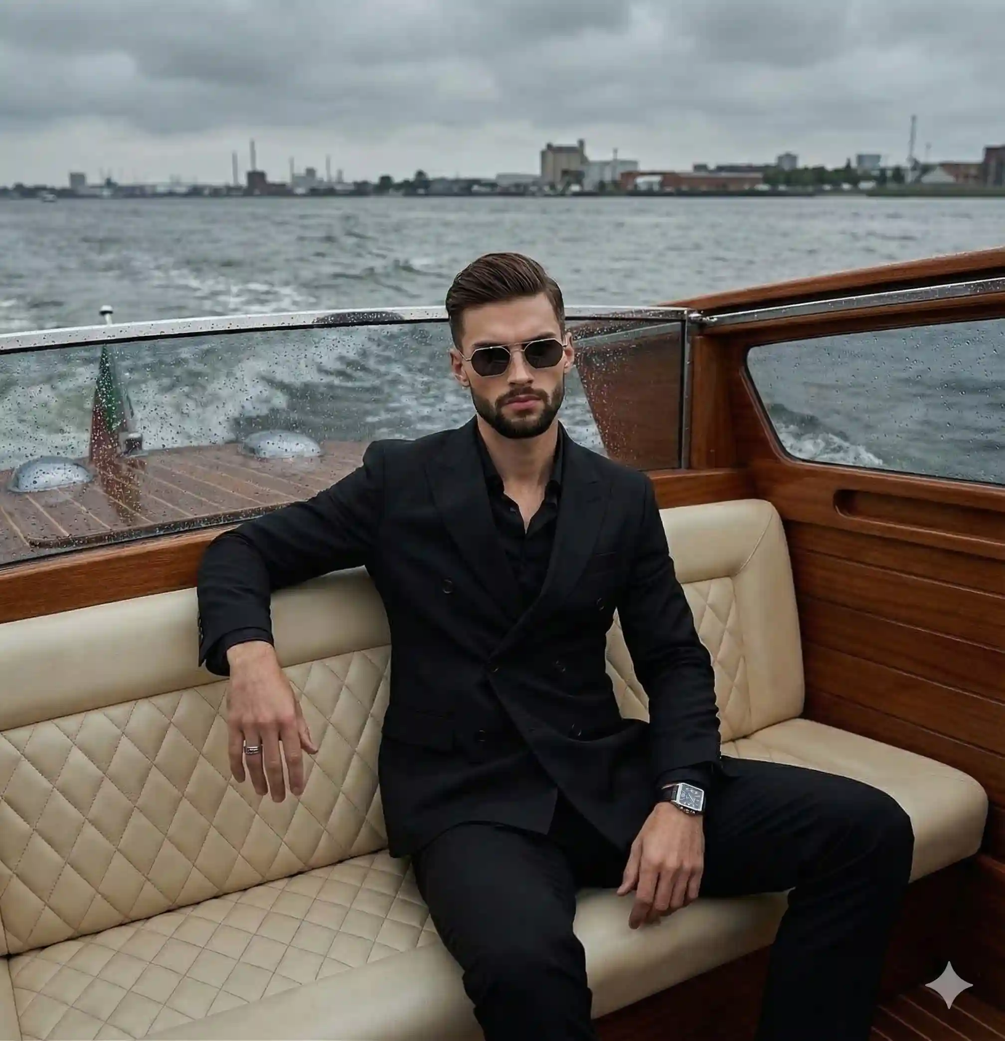 trend prompt: {
"metadata": {
"image_type": "photograph",
"primary_purpose": "editorial"
},
"composition": {
"rule_applied": "rule of thirds",
"aspect_ratio": "9:16",
"layout": "layered",
"focal_points": [
"Subject's face and sunglasses",
"Right hand resting on the seat with the ring"
],
"visual_hierarchy": "Eye starts at the subject's face, follows the line of the suit lapels down to the hands and watch, then moves out toward the wooden boat trim and the distant horizon.",
"balance": "asymmetric"
},
"color_profile": {
"dominant_colors": [
{
"color": "Black",
"hex": "#111115",
"percentage": "45",
"role": "primary subject"
},
{
"color": "Cream",
"hex": "#EBE4D8",
"percentage": "25",
"role": "background"
},
{
"color": "Overcast Grey",
"hex": "#8A9298",
"percentage": "20",
"role": "background"
},
{
"color": "Varnished Wood",
"hex": "#A86A32",
"percentage": "10",
"role": "accent"
}
],
"color_palette": "complementary",
"temperature": "cool",
"saturation": "desaturated",
"contrast": "medium contrast"
},
"lighting": {
"type": "natural window",
"source_count": "single source",
"direction": "diffused from above",
"directionality": "diffused",
"quality": "soft light",
"intensity": "moody",
"contrast_ratio": "medium contrast",
"mood": "sophisticated",
"shadows": {
"type": "soft gradual edges",
"density": "gray",
"placement": "under subject, in the folds of the suit, under the chin",
"length": "short"
},
"highlights": {
"treatment": "preserved",
"placement": "on the subject's cheekbone, bridge of nose, watch face, and wooden boat trim"
},
"ambient_fill": "present",
"light_temperature": "cool (blue)"
},
"technical_specs": {
"medium": "digital photography",
"style": "realistic",
"texture": "sharp",
"sharpness": "tack sharp",
"grain": "none",
"depth_of_field": "medium",
"perspective": "straight on"
},
"artistic_elements": {
"genre": "editorial",
"influences": [
"Luxury lifestyle photography",
"Men's fashion editorial"
],
"mood": "sophisticated",
"atmosphere": "Moody, elegant, and calm, evoking a sense of quiet luxury on a bleak overcast day.",
"visual_style": "structured"
},
"typography": {
"present": false,
"fonts": [],
"placement": "none",
"integration": "none"
},
"subject_analysis": {
"primary_subject": "Adult male with a styled fade haircut, trimmed beard, wearing a black double-breasted suit and geometric sunglasses.",
"positioning": "center",
"scale": "medium",
"interaction": "interacting with environment",
"facial_expression": {
"mouth": "neutral",
"smile_intensity": "no smile",
"eyes": "looking away",
"eyebrows": "relaxed",
"overall_emotion": "confident",
"authenticity": "posed"
},
"hands_and_gestures": {
"left_hand": "Resting on left thigh/knee, angled downward, wearing a square silver-tone watch with a black strap, fully visible.",
"right_hand": "Resting lightly on the quilted leather seat beside the right hip, wearing a wide metallic ring on the pinky/ring finger, fully visible.",
"finger_positions": "Right hand: index finger slightly extended, remaining fingers softly curled. Left hand: fingers draping naturally over the knee, relaxed curve.",
"finger_interlacing": "none",
"hand_tension": "relaxed",
"interaction": "Right hand resting on seat surface; left hand resting on own leg.",
"naturalness": "deliberately posed"
},
"body_positioning": {
"posture": "sitting",
"angle": "45 degree turn",
"weight_distribution": "centered",
"shoulders": "relaxed"
}
},
"background": {
"setting_type": "outdoor",
"spatial_depth": "medium",
"elements_detailed": [
{
"item": "Diamond-quilted leather boat seat",
"position": "bottom",
"distance": "foreground",
"size": "dominant",
"condition": "pristine",
"specific_features": "Cream color, distinct diamond stitching pattern, soft curves"
},
{
"item": "Varnished wooden boat trim",
"position": "center",
"distance": "midground",
"size": "medium",
"condition": "pristine",
"specific_features": "High-gloss finish, warm amber-brown tones, curved shape"
},
{
"item": "Glass windshield",
"position": "top",
"distance": "midground",
"size": "medium",
"condition": "weathered",
"specific_features": "Covered in scattered water droplets, metal framing visible on the right edge"
},
{
"item": "Body of water and distant cityscape",
"position": "top",
"distance": "background",
"size": "medium",
"condition": "natural",
"specific_features": "Choppy gray water, faint industrial/city skyline on the horizon, overcast sky"
}
],
"wall_surface": {
"material": "glass and wood paneling",
"surface_treatment": "smooth",
"texture": "perfectly smooth",
"finish": "glossy",
"color": "transparent and warm amber",
"color_variation": "patchy due to water droplets and wood grain",
"features": "water stains/droplets on the glass, natural wood grain, metallic fixture on the right",
"wear_indicators": "pristine"
},
"floor_surface": {
"material": "obscured",
"color": "dark",
"pattern": "solid"
},
"objects_catalog": "Cream diamond-quilted leather seat, varnished wooden boat structure, glass windshield with water droplets, metal boat hardware/flagpole base, square metallic watch with black strap, geometric aviator sunglasses, metallic ring.",
"background_treatment": "slightly blurred"
},
"generation_parameters": {
"prompts": [
"Editorial lifestyle photograph of a handsome man with a short textured fade haircut and beard, wearing a black double-breasted suit and geometric sunglasses. He is sitting casually on the cream diamond-quilted leather seats of a luxury classic boat. Right hand resting on the seat wearing a ring, left hand on his knee wearing a square watch. The boat features highly polished varnished wood trim and a glass windshield with water droplets. Background shows a choppy grey sea and distant hazy cityscape under an overcast, moody sky. Soft, diffused natural lighting, highly detailed, shot on 85mm lens, f/2.8, cinematic color grading, sophisticated luxury aesthetic.",
"Medium shot, cinematic portrait of a male model in a black suit on a vintage wooden speedboat. Gloomy overcast weather, water drops on the boat's windshield. Subject is looking away in a 45-degree profile. Cool color palette with warm wood accents, sharp focus on subject, shallow depth of field, natural diffused lighting."
],
"keywords": [
"luxury lifestyle",
"mens fashion",
"classic boat",
"overcast",
"editorial portrait"
],
"technical_settings": "Shot on full-frame mirrorless, 85mm lens, f/2.8 aperture for slight background separation, ISO 100, shutter speed 1/250s. Natural diffused overcast lighting.",
"post_processing": "Cinematic color grading with a cool/teal bias in the shadows and midtones. Highlights preserved. Slight desaturation of environmental blues and greens to emphasize the warm wood and skin tones. Gentle sharpening on the subject's face and suit textures."
}
}
