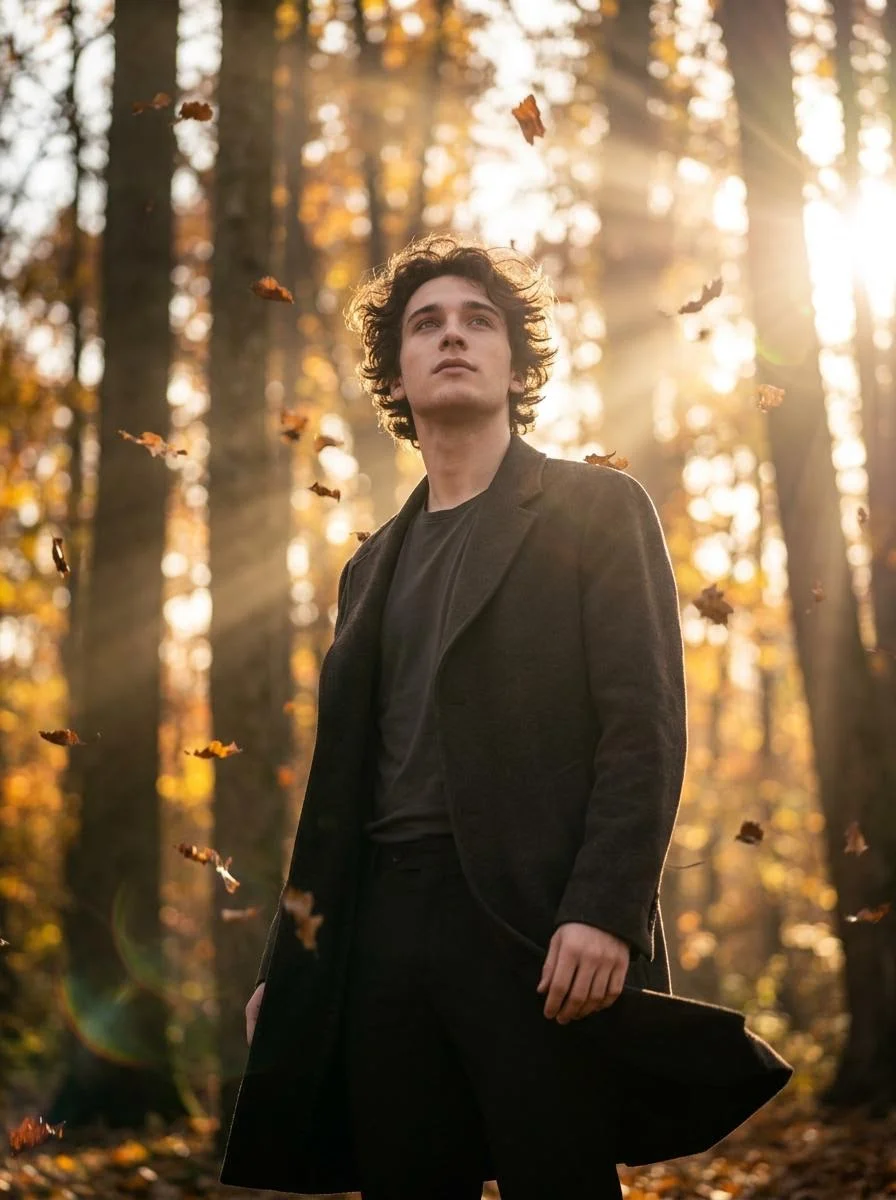 trend prompt: Create a highly cinematic Hollywood-style photo of a person using the face from the uploaded image. The person is standing still outdoors, slightly looking up toward the sky with a calm and thoughtful expression. Leaves are falling all