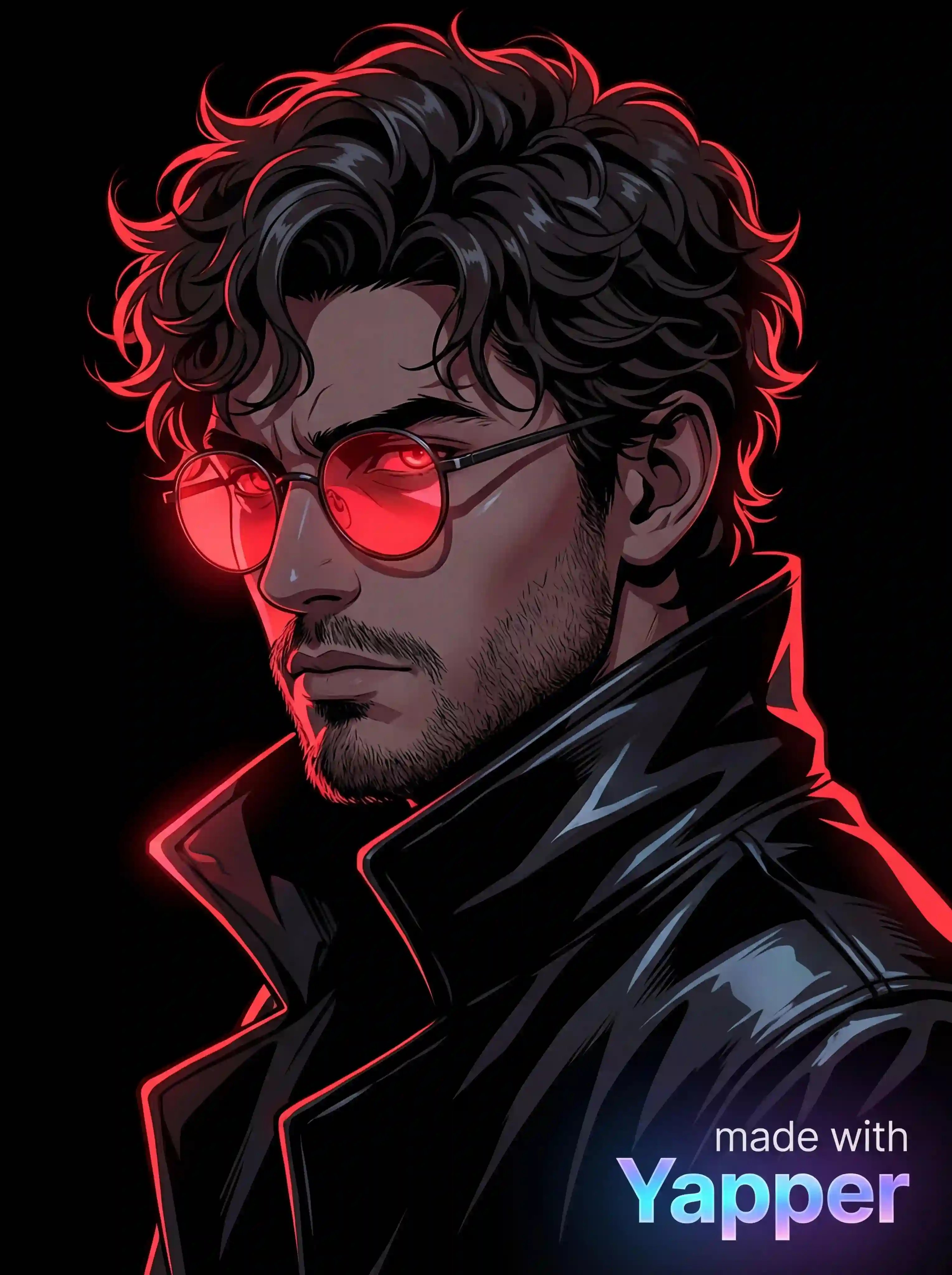 trend prompt: 
cinematic cyberpunk anime portrait of a young man with messy curly hair and a short beard, wearing round glowing red glasses and a high-collar black trench coat, dramatic side profile looking forward with a confident