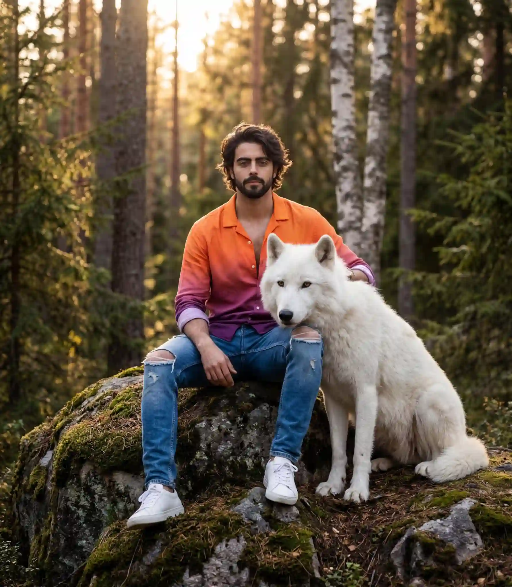 trend prompt: Full-body cinematic portrait of a man with he sitting on a natural rock in a forest. He is wearing a vibrant gradient shirt (orange to purple), ripped blue jeans, and white sneakers. Sitting loyally beside him is a massive, majestic white Arctic wolf with amber eyes. The background is a soft-focus forest at golden hour