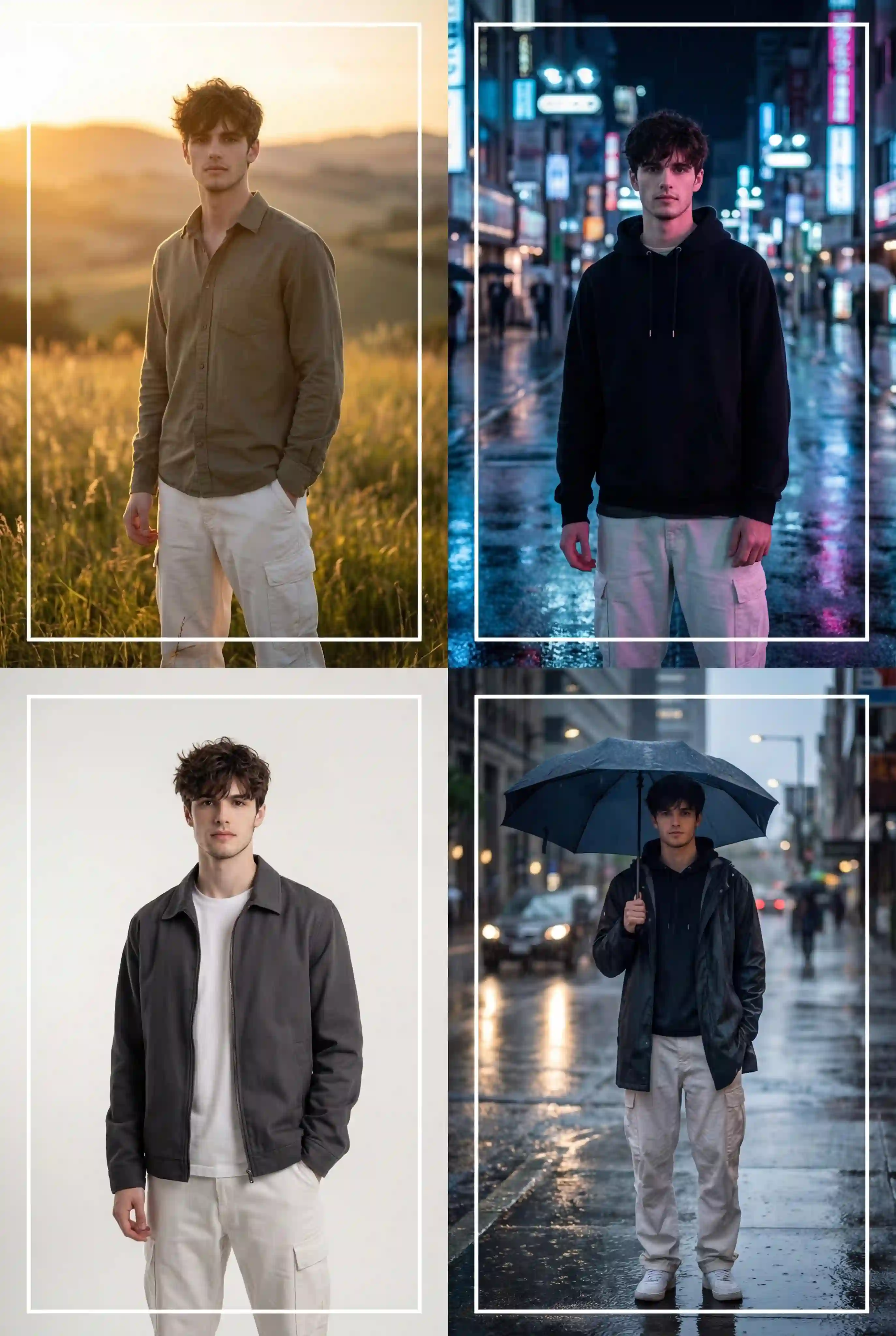 trend prompt: A cinematic 2×2 grid of a young man showing four different environments and moods with consistent identity.
Panel 1: golden hour outdoor portrait with warm sunlight.
Panel 2: neon night street portrait with blue and pink lighting.
Panel 3: indoor minimal portrait with soft white background.
Panel 4: rainy street scene with reflections and moody lighting.
The subject wears different outfits in each panel including casual shirt, hoodie, and streetwear with dim white cargo loose baggie trousers. Smooth grid layout, thin borders, cinematic color grading, ultra realistic skin detail, 50mm lens, 8k.