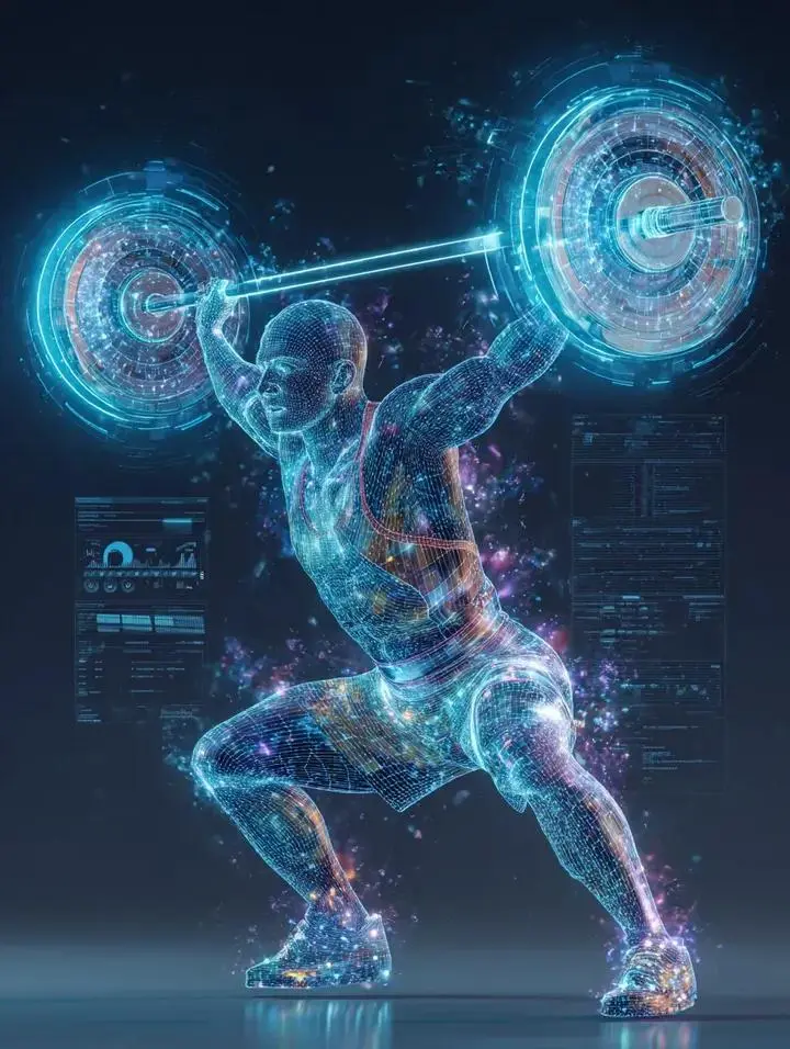 trend prompt: futuristic weightlifter performing clean and jerk, full body, body made of transparent mesh and glowing wireframe, holographic data interface surrounding the athlete and barbell, performance metrics UI (force output, muscle activation, stability) floating around, energy burst effect, neon blue color palette, dark background, cinematic lighting, ultra detailed, sci-fi aesthetic, volumetric glow, digital particles, 3D render, octane render, sharp focus.