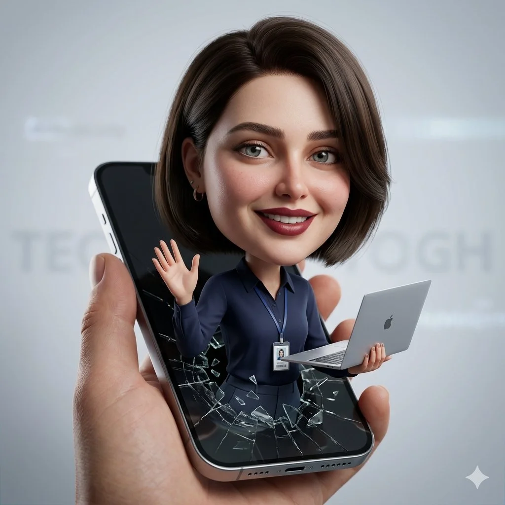 trend prompt: Prompt
A hyper-realistic 3D caricature of a person emerging out of a smartphone screen, based on the uploaded face image. The character has an exaggerated large head and small body, with highly detailed facial features, expressive eyes, and a cheerful smile. They are stepping out of the phone as if breaking the screen boundary, creating a dimensional effect.
The person is wearing smart-casual attire (button-up shirt, trousers, ID badge), holding a sleek laptop in one hand and waving with the other. The smartphone is held in a human hand in the foreground, with realistic lighting and depth of field.
Background is minimal and softly blurred with subtle tech-themed text or abstract shapes. Lighting is soft, studio-quality with sharp focus on the face and smooth shadows. Ultra-detailed skin texture, clean reflections on glasses (if applicable), and a polished, modern digital art style.
Style tags: 3D caricature, hyper-realistic, cinematic lighting, shallow depth of field, ultra-detailed, vibrant, soft shadows, octane render, unreal engine, 8k
