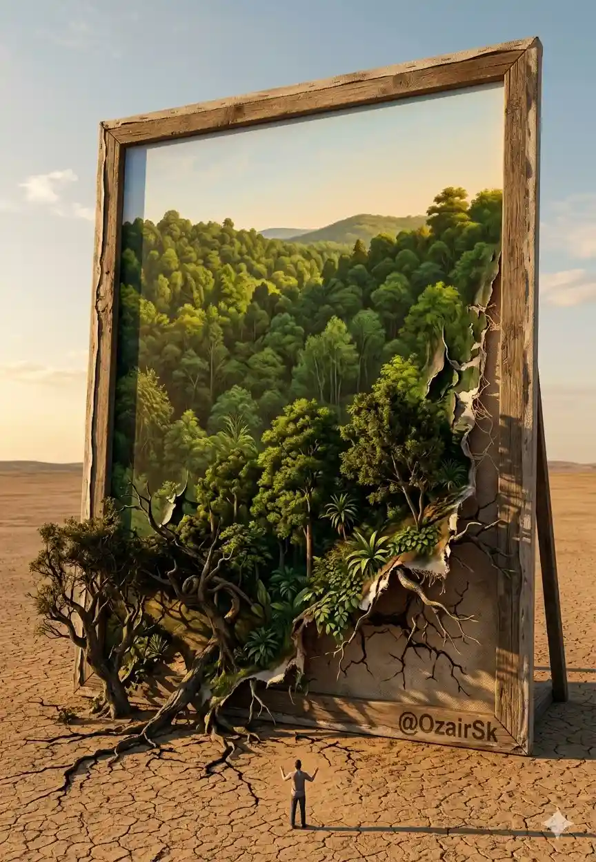 trend prompt: "The Painting That Refused To Be Finished"
Prompt
"An enormous canvas — taller than a building — stands in the middle of a barren cracked desert at golden hour. The painting on it is almost complete: a hyperrealistic landscape of a lush green forest. But at the edges of the painted forest, the paint is actively peeling away and the trees are crawling off the canvas into the real desert — painted trees becoming three-dimensional, roots cracking into the dry earth, leaves casting real shadows. A tiny human figure stands at the base of the canvas looking up, dwarfed by its scale, unsure whether to step into the painted world or pull the trees back. The boundary between painted and real is the most detailed part — half flat brushstroke, half living texture. On the wooden frame of the canvas, Vertical 9:13 format. Ultra photorealistic, 8K, no text overlays, cinematic color grading."