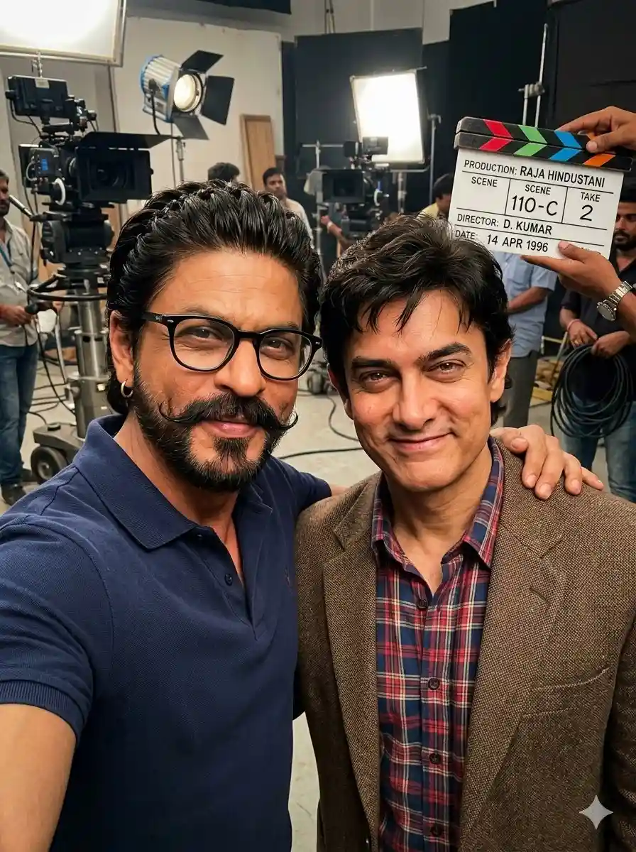 trend prompt: Shah Rukh Khan and Aamir Khan taking a selfie together on a film set. Shah Rukh Khan is on the left, wearing a navy blue polo shirt, black-rimmed glasses, with his signature styled black hair, a thick handlebar mustache, and a small hoop earring in his left ear. Aamir Khan is on the right, wearing a brown textured blazer over a red, blue, and white plaid shirt, smiling warmly. Shah Rukh Khan has his right arm placed affectionately around Aamir Khan's shoulder. They are both looking directly at the camera with natural smiles. In the background, a professional film studio setup is visible with large studio lights, a professional camera on a rig, crew members working, and a person holding a clapperboard. The clapperboard clearly shows 'PRODUCTION: RAJA HINDUSTANI', 'DIRECTOR: D. KUMAR', 'DATE: 14 APR 1996', 'SCENE: 110-C', 'TAKE: 2'. The lighting is bright and professional from studio lights. Realistic live-action photograph, high detail, natural colors, candid behind-the-scenes vibe.