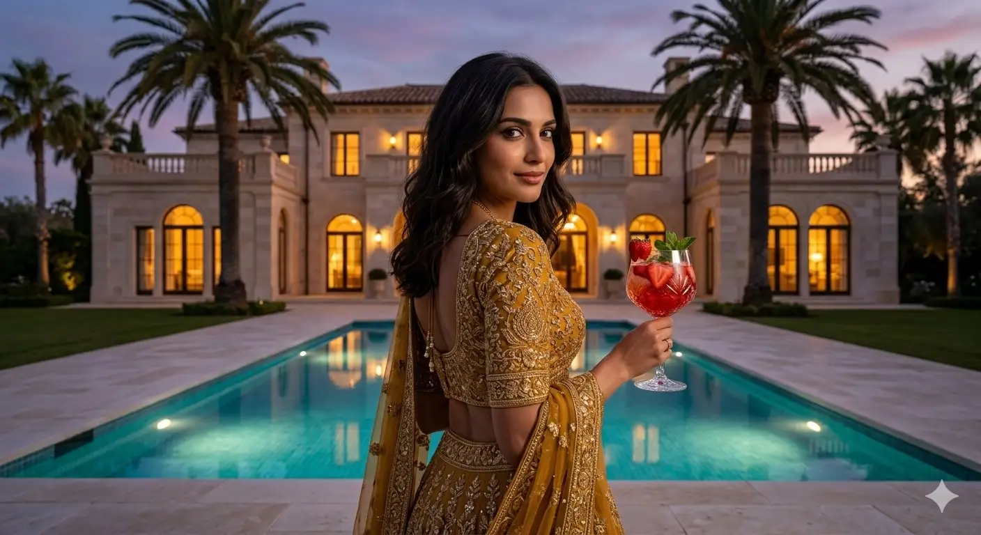trend prompt: 
​A photorealistic, high-fashion portrait of a beautiful brunette woman looking over her shoulder at the camera with a subtle, elegant smile. She is wearing a lavish, intricately embroidered mustard-gold traditional Indian lehenga choli with heavy zari work and sequins. She is holding a large crystal goblet filled with a vibrant red strawberry cocktail garnished with fresh fruit. The background features a luxurious, light-stone Mediterranean-style mansion with warm, glowing arched windows. In the foreground is a pristine, illuminated rectangular swimming pool reflecting the twilight sky. Palm trees flank the estate under a dusk sky painted with soft purple, blue, and pink hues. Cinematic lighting, highly detailed, 8k resolution, photorealistic.