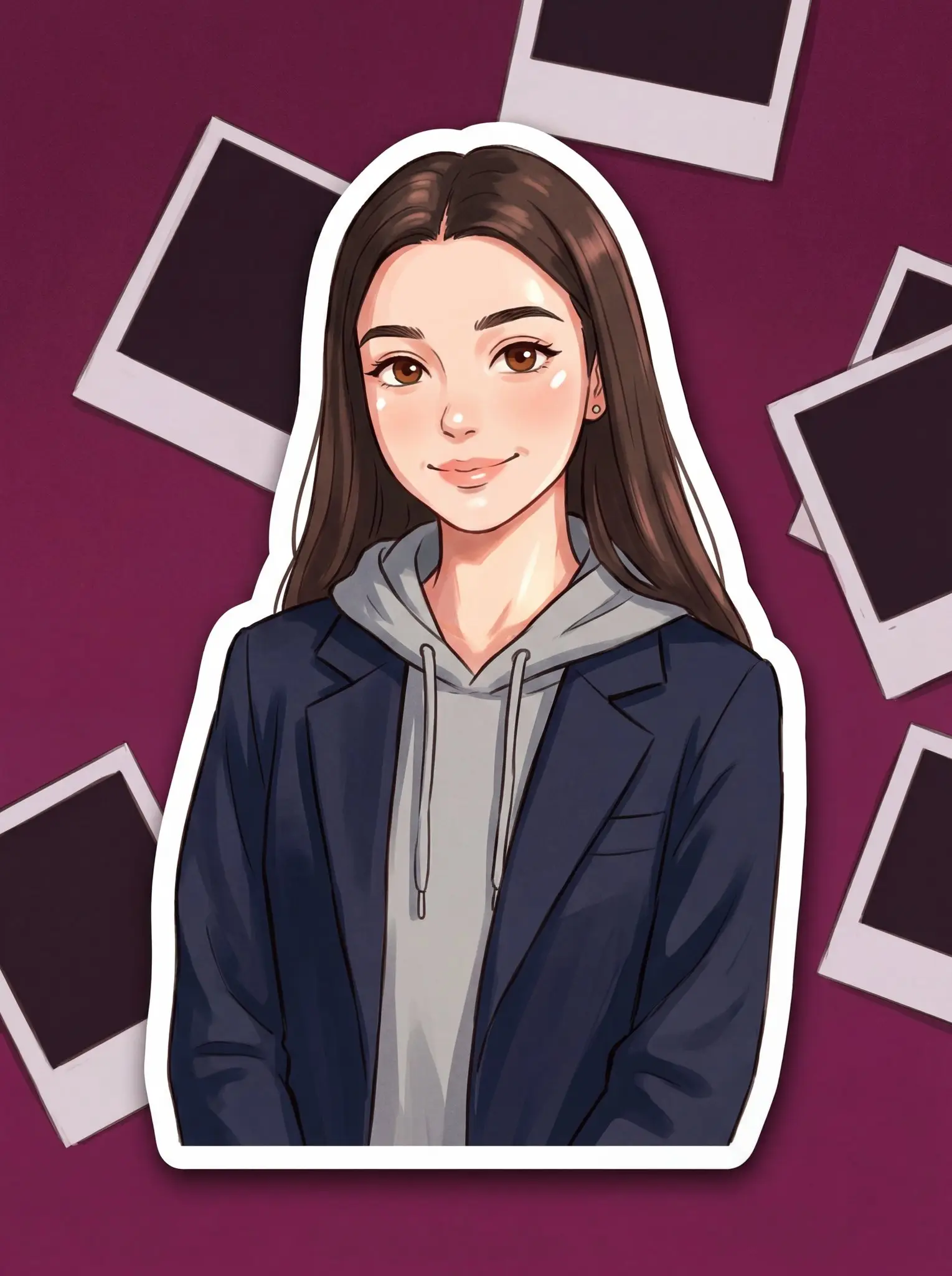 trend prompt: A Studio Ghibli-style sticker illustration of a young woman with the same face and relaxed posture. She is wearing a casual hoodie layered under a tailored blazer, blending streetwear with a soft elegant touch. The style is inspired by Ghibli animation — soft lines, gentle shading, warm expressive eyes, and slightly simplified yet charming facial features.
The scene captures a candid 90s flash photo vibe, with a dim magenta glow in the background revealing scattered polaroids. Lighting appears like a direct camera flash, creating soft highlights and slightly overexposed skin tones, but rendered in a painterly anime style. The atmosphere feels nostalgic, cozy, and cinematic.
Sticker format: clean cut-out edges, soft shadow underneath, minimal background, high-quality, cute yet stylish aesthetic.