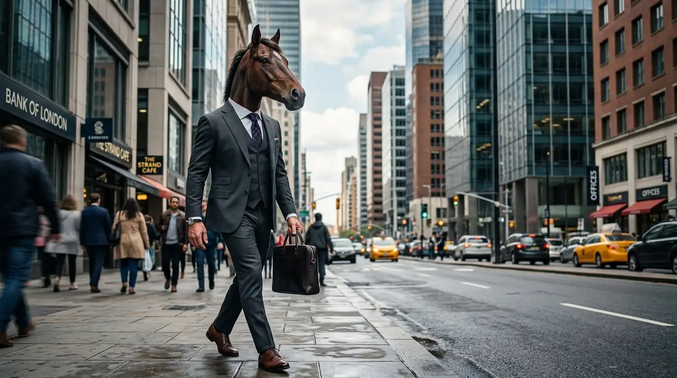 trend prompt: 
[animal head] hyper-realistic cinematic shot of an anthropomorphic character with the head of that animal and a realistic human body wearing a sharp tailored business suit, confidently walking down a busy modern city street, detailed realistic fur or feathers and skin texture on the animal head, expressive eyes, natural suit fabric with folds and wrinkles, urban background with skyscrapers, pedestrians and cars in soft focus, dramatic cinematic lighting with natural daylight and subtle shadows, ultra detailed, photorealistic, masterpiece
Drop your suited anthros below, reply with tweaks: What animal head did you put in a business suit? Tag friends!