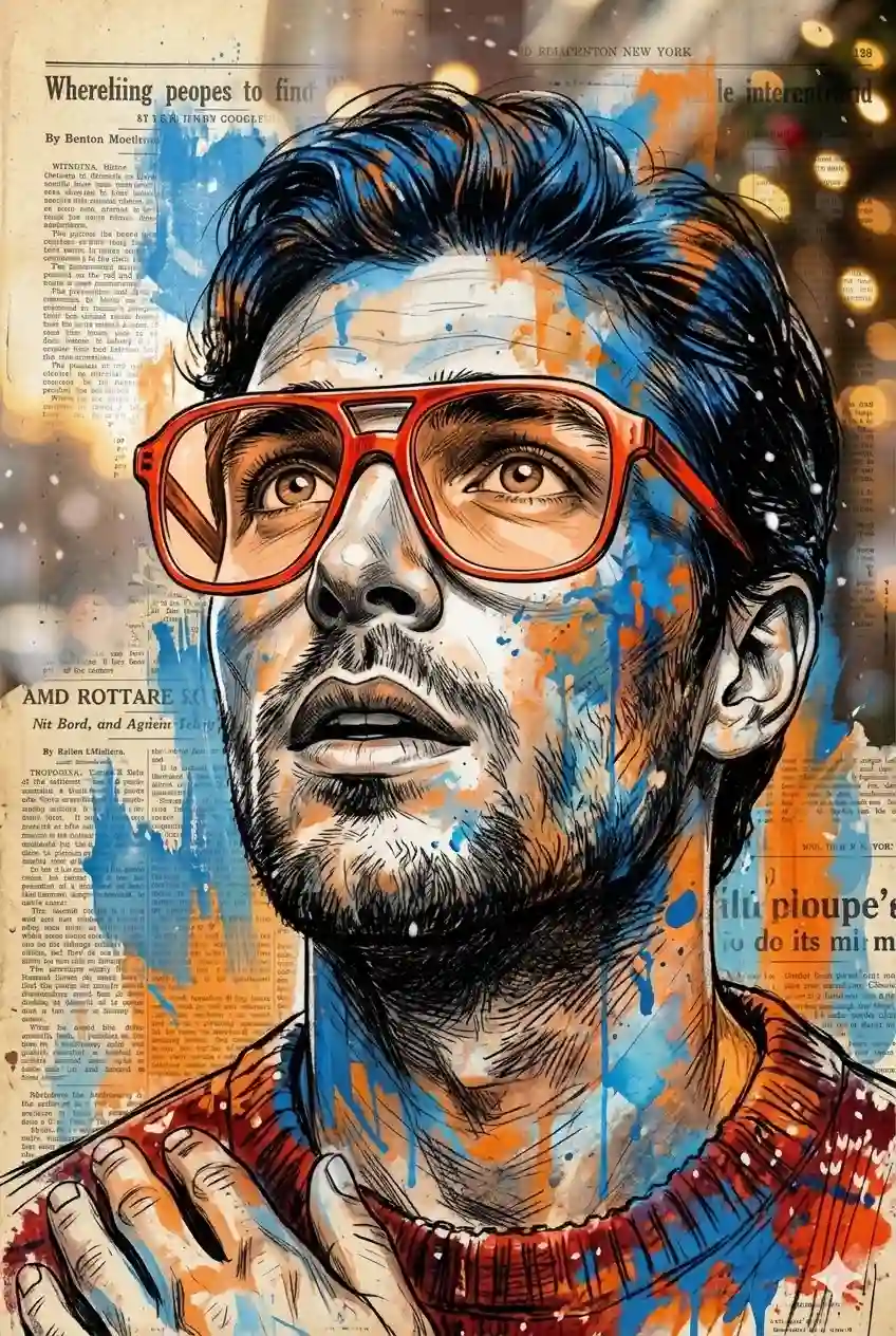 trend prompt: Vibrant expressive portrait of a man looking upwards with wonder, wearing oversized bright orange-red glasses (glass light colour full shade). The face is sketched in dynamic black strokes on a textured newspaper background, enriched with splashes of vivid blue and orange paint. The composition blends realism and abstract expressionism, evoking innocence, hope, and creativity. Take full face of the attached picture.