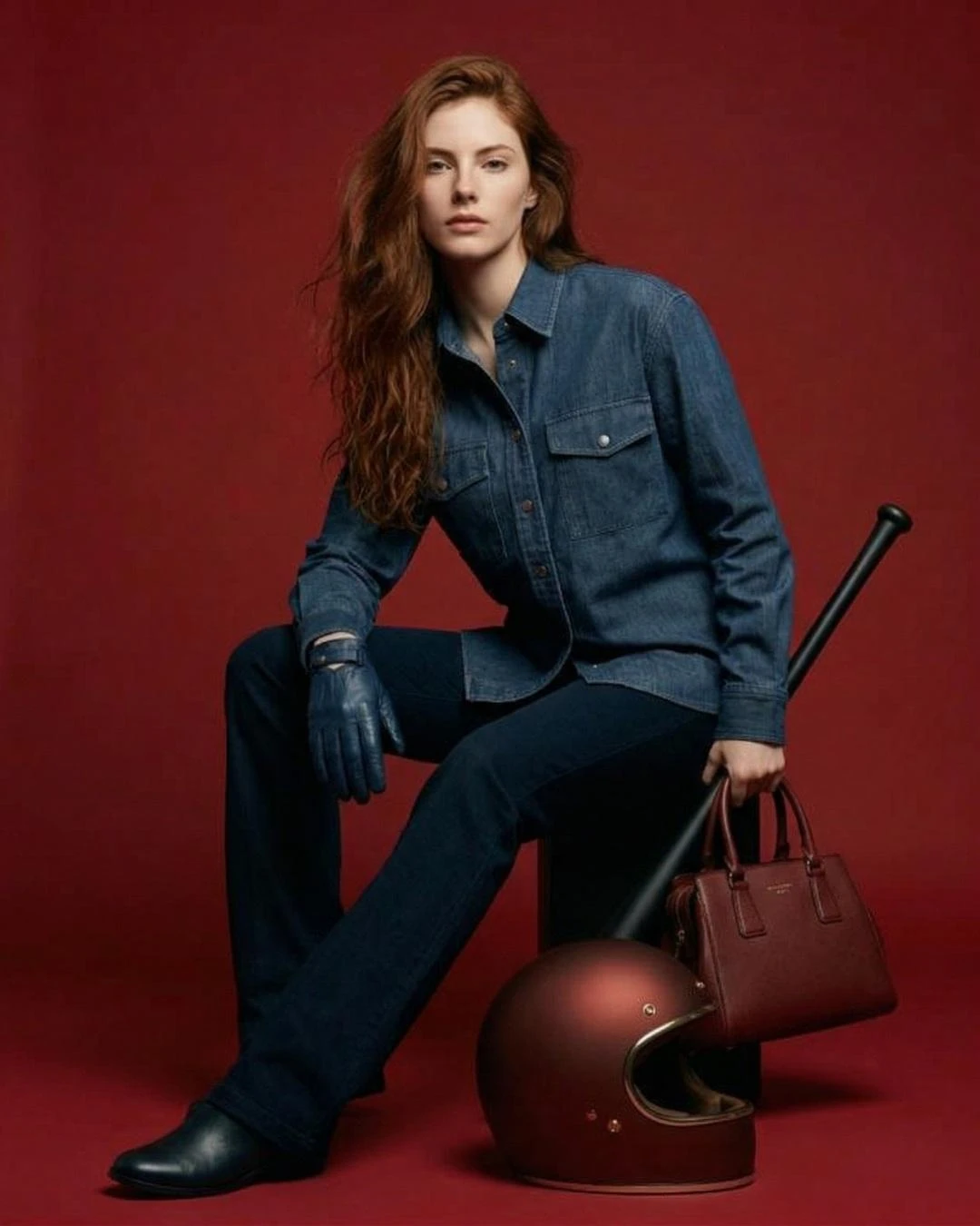 trend prompt: 8K ultra-photorealistic cinematic fashion shoot of a confident woman in a denim outfit against a solid deep red studio backdrop, full-body framing, random dynamic poses (standing, leaning, walking, mid-motion), holding a leather handbag and a matte helmet, sometimes with a black bat, natural soft studio lighting, sharp textures, realistic shadows, editorial style, clean composition, depth, subtle film grain, color graded, no distortion, no clutter, high detail, cinematic tone, 85mm lens look