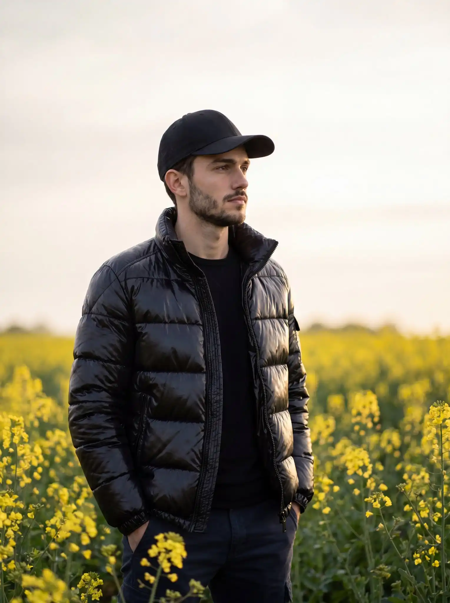 trend prompt: A moody cinematic portrait of a young man standing alone in a sea of blooming yellow flowers, hands tucked into his jacket pockets, wearing a black baseball cap, glossy black puffer jacket, black shirt, and dark trousers, looking off to the right