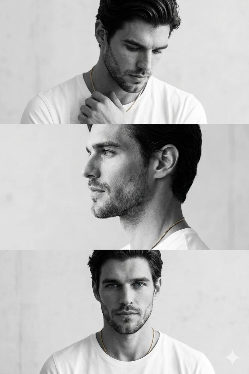 trend prompt: Preserve the face, proportions, and external features of the model as in the reference. A minimalist monochrome fashion editorial triptych featuring three stacked cinematic frames. The subject is a young man with short dark hair and a groomed beard. Frame 1: Emotional and introspective, looking downward with a hand near the collarbone, highlighting bone structure with Rembrandt lighting. Frame 2: A crisp profile shot with a focus on the nose, lips, and masculine jawline, gaze directed slightly upward. Frame 3: A frontal, thoughtful portrait with shoulders relaxed and direct eye contact. The composition is clean and modern, using a white T-shirt and gold necklace for visual continuity. Commercial magazine quality, high-end mirrorless camera, authentic skin pores, soft bokeh, and elegant masculinity.