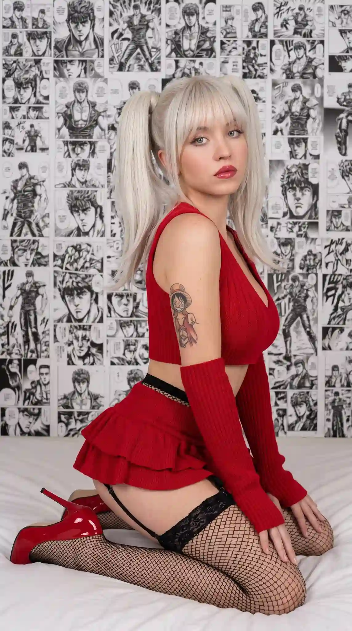 trend prompt: {
  "prompt": "A stylized indoor portrait of a young woman with platinum blonde hair in high twin pigtails and straight bangs, posing on a bed. She is wearing a red cropped top, short ruffled skirt, fishnet stockings with garter straps, long red knit arm warmers, red glossy high heels. Her expression is soft and slightly pouty, with glossy lips and flushed cheeks. The background is a wall fully covered in black-and-white manga kenshiro panels, creating a bold graphic aesthetic. Soft, even lighting with minimal shadows, alternative e-girl / anime-inspired fashion style, high detail, editorial photography.",
  "negative_prompt": "blurry, low resolution, bad anatomy, extra limbs, distorted face, harsh shadows, overexposed highlights, messy background, text, watermark, logo",
  "style": {
    "genre": "alternative fashion portrait",
    "mood": "moody, playful, slightly melancholic",
    "influences": [
      "e-girl aesthetic",
      "anime culture",
      "editorial fashion"
    ]
  },
  "composition": {
    "framing": "vertical portrait, mid-to-full body",
    "angle": "slightly above eye level",
    "focus": "subject centered, emphasis on outfit and expression",
    "background": "collage of manga kenshiro panels covering the wall"
  },
  "subject_details": {
    "hair": "platinum blonde, twin pigtails with bangs",
    "expression": "soft pout, relaxed gaze",
    "makeup": "glossy lips, rosy cheeks, defined brows",
    "tattoos": "anime-style one piece character tattoos on upper arm",
    "outfit": [
      "Red cropped top",
      "Red ruffled mini skirt",
      "fishnet stockings with garter straps",
      "long black knit arm warmers"
    ]
  },
  "camera": {
    "lens": "50mm",
    "aperture": "f/2.0",
    "depth_of_field": "shallow",
    "quality": "high detail, sharp focus"
  }
}