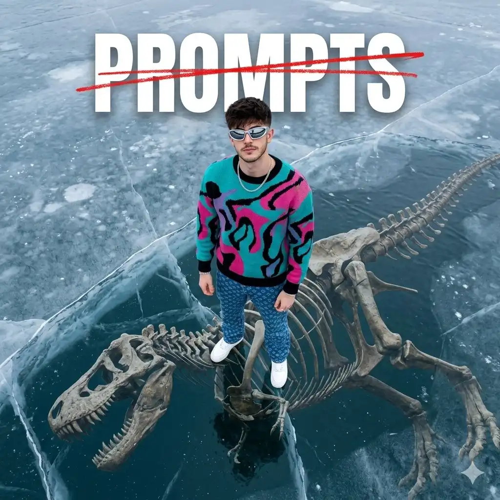trend prompt: A cinematic aerial snot of a man standing confidently on a frozen cracked lake surface, ultra-realistic ice textures with deep blue tones and visible fracture lines beneath the surface. Beneath the transparent ice, a massive prehistoric