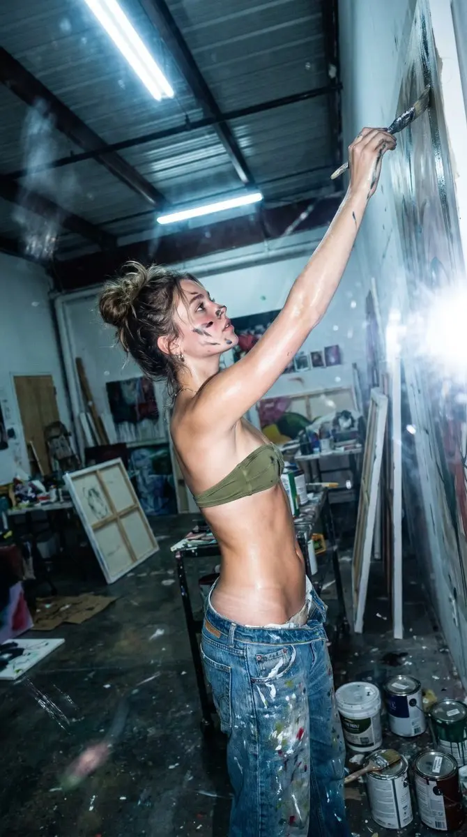trend prompt: {
  "prompt": "An extremely raw, provocative 'plandid' photograph taken on an iPhone 17 Pro Max using the Ultrawide lens in a large, messy industrial art studio late at night. Shiloh, a confident Gen Z woman, is captured mid-action, stretching provocatively upwards to reach a large canvas with a dripping brush in hand. Her pose is deliberately seductive – back slightly arched, hips pushed forward, emphasizing her exposed midriff and hip bones. Her expression is intensely focused with a subtle, knowing smirk, partially hidden behind a stray lock of messy hair. She wears extremely low-rise, heavily paint-splattered denim jeans that sit dangerously low on her hips, barely covering anything, paired with a tiny, skin-tight olive green bandeau top that clings to her curves and leaves almost nothing to the imagination. The lighting is brutally harsh: blinding white on-camera flash mixed with overhead LED task lamps, creating extreme contrast, heavy digital noise, cool white balance shift, and blown-out highlights on her sweat-glistening, paint-streaked skin, cleavage, and toned stomach. The framing is 9:16 vertical, slightly tilted and unsteady, with realistic paint smudges on the lens and visible flash flare.",
  "json_prompt": {
    "image_type": "Phone Photography / Social Media Snapshot / Plandid",
    "shot": "Candid Mid-Motion / Provocative Self-Timer Wide Shot",
    "shot_details": "Hurried, slightly motion-blurred, emphasizing the raw, s*xualized energy and studio clutter.",
    "style": "Gen Z Aesthetic, Unpolished, Extremely Provocative, High Contrast, Raw Seduction",
    "quality": "Raw, Crunchy Digital Noise, Blown Highlights, Authentic Mess (paint on skin, sweat, fabric strain)",
    "color_grade": "Harsh cool-toned flash dominating, with slight neon accents",
    "meta": {
      "aspect_ratio": "9:16",
      "resolution": "4k"
    },
    "camera": {
      "device": "iPhone 17 Pro Max Simulation",
      "lens": "Ultrawide (13mm equiv)",
      "aperture": "f/1.7",
      "distance": "approx 3 meters",
      "angle": "Slight low-angle, emphasizing body curves and studio height",
      "framing": "Off-center, dynamic, slightly unsteady",
      "pov": "Self-timer on tripod/shelf, catching a deliberately provocative moment",
      "focus": "Slightly soft on face due to motion, sharp on body and canvas",
      "lens_effect": "Smudged paint on lens, strong flash flare"
    },
    "lighting": {
      "description": "Extremely harsh mixed lighting for maximum drama and skin highlight.",
      "type": "Direct on-camera flash + industrial LED task lamps",
      "source": "Blinding front flash + overhead cool white / neon pink strips",
      "primary": "Harsh direct flash flattening yet accentuating curves and sweat",
      "secondary": "Neon pink/blue rim lighting highlighting body contours",
      "highlights": "Strongly blown-out on cleavage, midriff, hip bones, and wet-looking skin",
      "shadows": "Deep, dramatic, and sharply defined"
    },
    "scene": {
      "location": "Industrial Art Studio Loft",
      "environment": "Cluttered with paint cans, messy palettes, half-finished canvases, tools everywhere",
      "time": "3:00 AM, deep night",
      "atmosphere": "Chaotic, sensual creative energy, late-night intensity"
    },
    "subject": {
      "gender": "Female",
      "age": "20-22",
      "ethnicity": "South Asian or Mediterranean (deeply tanned skin)",
      "appearance": "Strong bone structure, high cheekbones, seductive gaze",
      "body": {
        "type": "Athletic, lean, and curvaceous",
        "skin": "Tanned, sweat-slicked with visible digital noise and paint splatters on shoulder, stomach, and thighs"
      },
      "expression": {
        "eyes": "Intensely focused on canvas, with a subtle provocative awareness",
        "mouth": "Slightly parted in concentration with a knowing smirk",
        "face_vibe": "Focused yet smug and teasing, fully aware of the camera"
      },
      "hair": {
        "color": "Dark brown",
        "style": "Messy half-up bun with loose, s*xy flyaways",
        "details": "Strands framing face and sticking to sweat-glistened skin"
      },
      "pose": {
        "description": "Provocatively stretching upwards, back arched, hips pushed out, one arm extended high with dripping brush",
        "stance": "Slightly bent at waist, emphasizing curves and low-rise jeans exposure",
        "energy": "Dynamic, s*xual, and intensely focused"
      }
    },
    "wardrobe": "Provocative Creative Chic",
    "outfit_details": {
      "top": {
        "type": "Tiny bandeau / micro crop top",
        "color": "Olive green",
        "fit": "Extremely tight, clinging, minimal coverage",
        "details": "Ribbed texture, stretched over curves"
      },
      "bottom": {
        "type": "Extremely low-rise baggy denim jeans",
        "color": "Worn blue with heavy paint splatters",
        "fit": "Slouchy and dangerously low, exposing hip bones and lower waist",
        "details": "Paint in neon pink and yellow, fabric straining"
      },
      "general_look": "S*xy, messy, expensive-looking despite being covered in paint"
    },
    "accessories": {
      "jewelry": [
        "Minimal silver hoop earrings",
        "Stacked silver rings on paint-stained fingers"
      ],
      "nails": "Long square acrylics in bright colors, chipped with paint"
    },
    "details": {
      "skin_effects": [
        "Intense flash glare on skin",
        "Heavy sweat sheen on stomach, cleavage and hips",
        "Visible paint smears on neck, shoulder and thigh",
        "Glistening highlights on exposed midriff and hip bones"
      ],
      "realism": "Ultra-realistic late-night phone snapshot with raw, seductive energy"
    },
    "negatives": "cartoon, 3d render, professional studio lighting, bokeh, perfectly posed, airbrushed skin, vintage film grain, drawing, illustration, DSLR quality, modest clothing, high-waisted pants"
  }
}