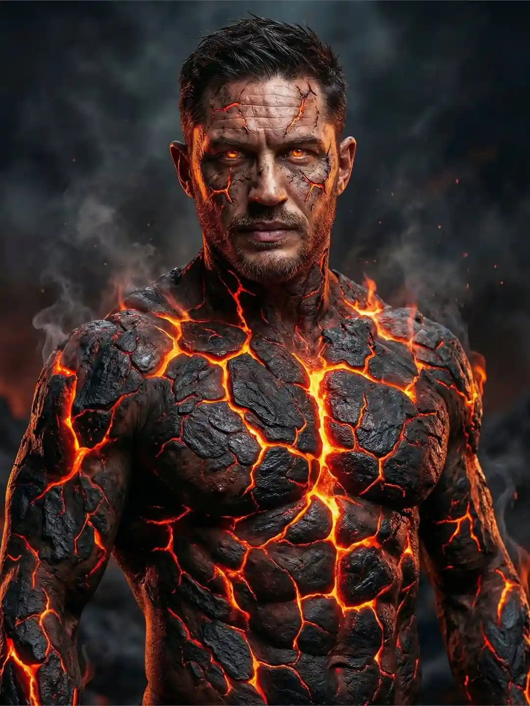 trend prompt: "A hyper-realistic portrait of a muscular man with glowing magma cracks across his body, resembling molten lava beneath charred, rock-like skin. His chest and shoulders appear like cooled volcanic stone splitting apart with bright orange and fiery red lava glowing through the fissures. Subtle smoke rises from his body, creating a dramatic and intense atmosphere. His face is sharp and serious, with strong jawline, short dark hair, and light stubble. The lighting is cinematic, highlighting the glowing cracks against a dark, moody background. Ultra-detailed textures, high contrast, 8K resolution, dramatic shadows, fantasy realism, volcanic humanoid, intense gaze, dark environment.