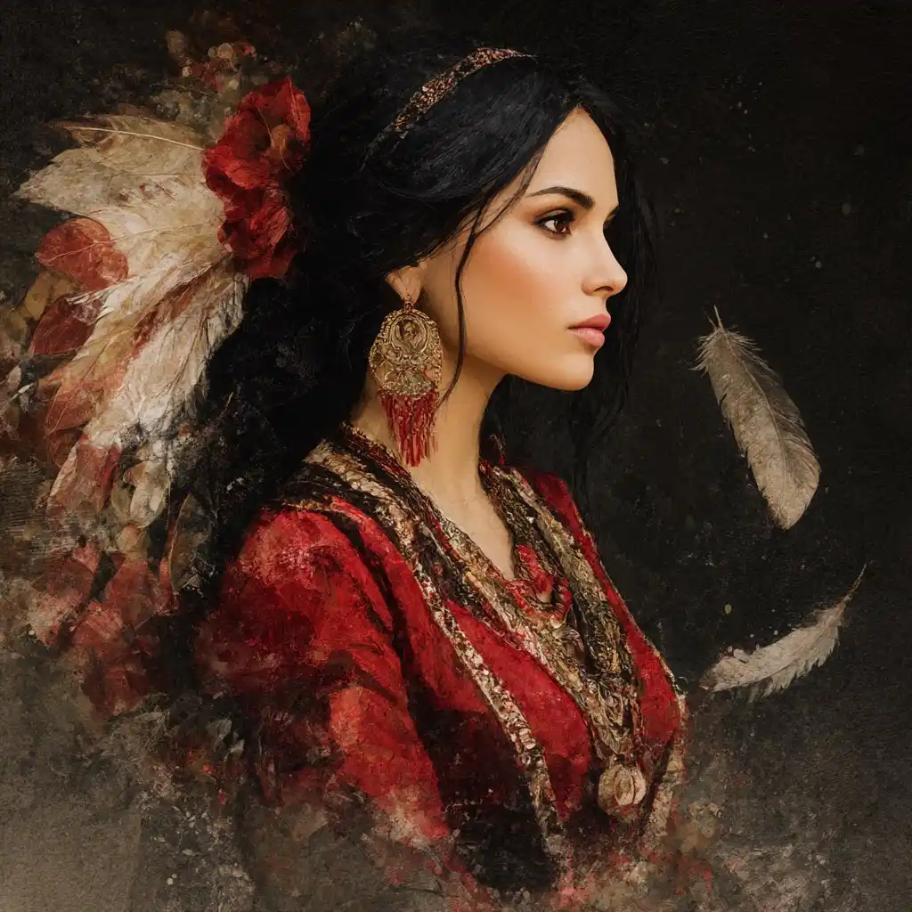 trend prompt: 
painting of a indigenous beautiful woman, in the style of realistic fantasy artwork, crimson and bronze, deep crimson/red, black, white/cream) for striking visual impact, polished cinematic digital art style, high-contrast dramatic lighting with rich shadows, ornate decorative fashion details and intricate embellishments, fantasy aesthetic with elegant sophisticated mood, atmospheric floating elements for movement and depth, and the luxurious quality of contemporary fantasy illustration rendered with dimensional textural depth. --chaos 5 --raw --profile zan6ggb --stylize 800 --draft
