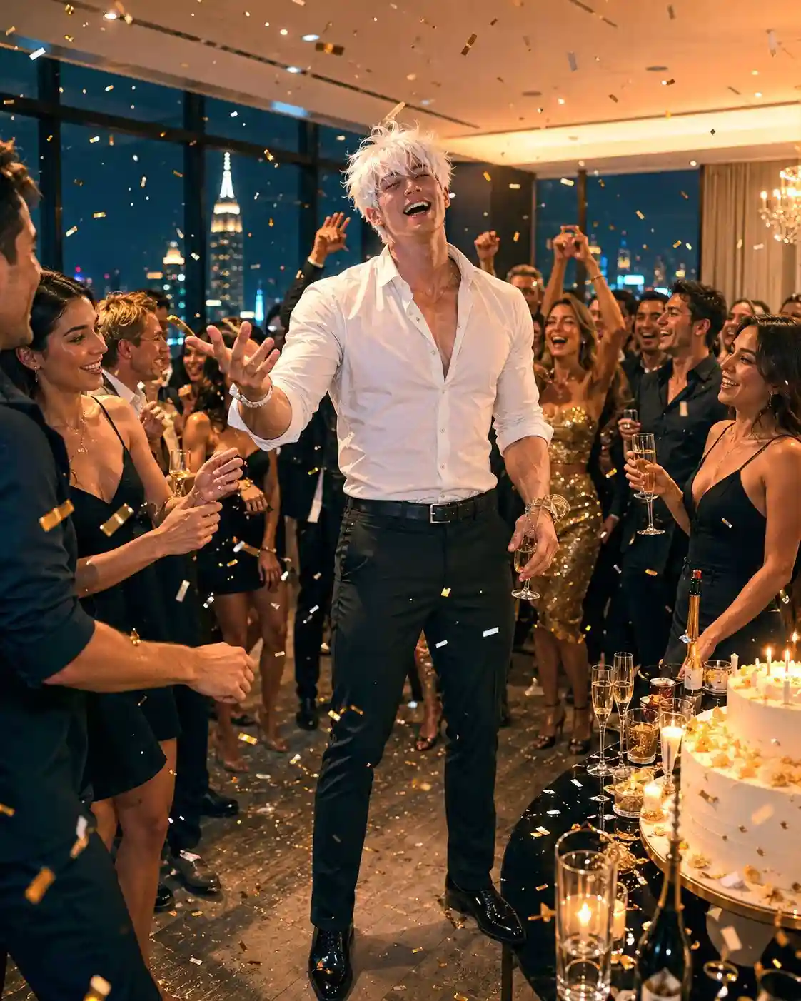 trend prompt: Ultra-realistic wide-angle cinematic party photograph featuring the person attached in the uploaded reference image ( Keep the face of the person 100% accurate from the reference image ). He wears a crisp white shirt with rolled-up sleeves, standing at the center of a lively luxury penthouse party, laughing joyfully. Stylish women and friends in elegant cocktail attire surround him, dancing, celebrating, raising champagne glasses, and enjoying the party atmosphere. Confetti fills the air with subtle motion blur capturing energetic movement. Camera positioned at natural wide angle, eye level, showing the main subject in full-body detail along with the luxurious penthouse interior, warm ambient lighting, sparkling fairy lights, reflections from the city skyline, and a lavish table filled with desserts, cocktails, and a large cake. Ultra-detailed textures for skin, hair, clothing, glass reflections, and environment, cinematic realism, vibrant colors, premium nightlife atmosphere, highly detailed photography style.
Aspect ratio 5:3