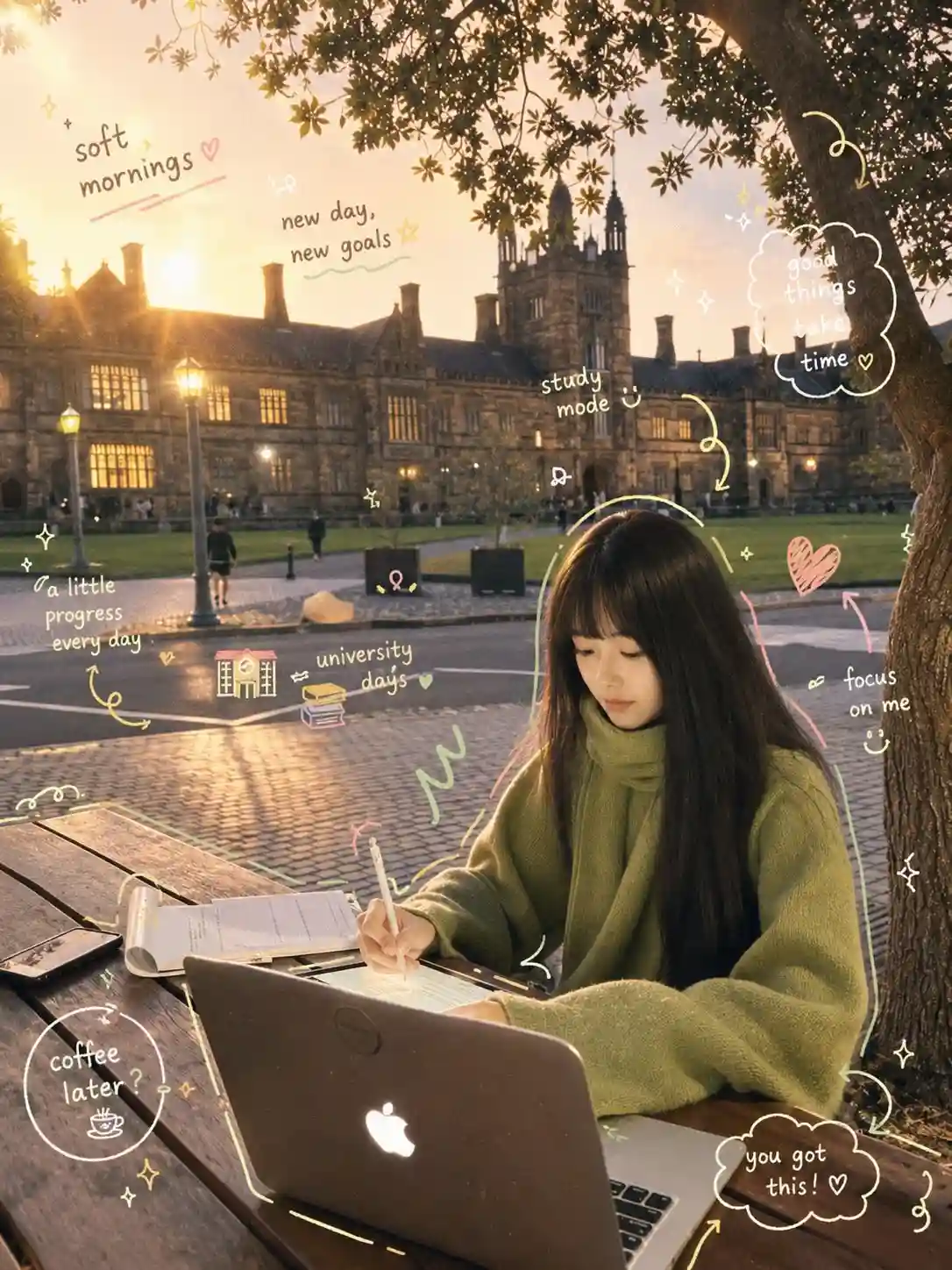 trend prompt: Dreamy cinematic study aesthetic, young Asian girl with long dark hair studying outdoors at a wooden table during golden hour, cozy oversized green sweater and scarf, writing in notebook beside open laptop, historic university campus in background, warm sunset lighting, soft glow, autumn atmosphere, aesthetic doodles and handwritten notes floating around image, kawaii scrapbook style overlays, pastel hearts and stars, motivational text, shallow depth of field, nostalgic film grain, soft beige and warm green tones, peaceful productive vibe, ultra detailed, Pinterest aesthetic, photorealistic, cozy academia style, 35mm film look
