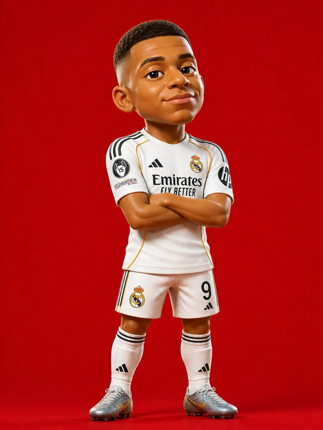 trend prompt: A stylized 3D cartoon character of a young football player, standing confidently with arms crossed, wearing a blue and red striped soccer jersey and matching shorts, knee-high socks, and cleats. The character has a large head with exaggerated proportions, smooth brown skin, big expressive eyes, sharp eyebrows, and short curly hair with blonde highlights. The pose is confident and slightly tilted, with a subtle smile. Highly detailed Pixar-style rendering, soft studio lighting, glossy textures, vibrant colors, clean shadows. Full-body centered composition on a solid bright red background, ultra high resolution, cinematic depth, professional 3D character design.