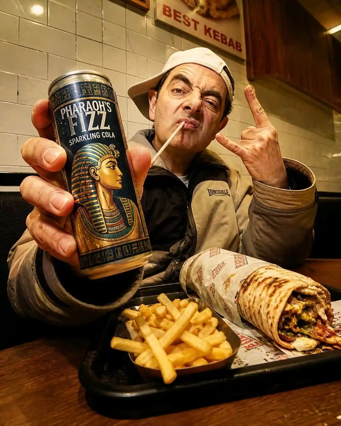 trend prompt: dramatic low-angle wide-lens shot of an person attached in the uploaded reference image seated in a casual diner booth, holding a slim soda can close to the camera as the clear hero, Egyptian style label fully visible, playful rebellious attitude, one hand raised in a bold "rock on" gesture, straw in mouth, oversized jacket and cap, warm direct light, tiled wall and wood panel backdrop, tray with fries and a half-eaten wrap on the table, gritty fast-food editorial energy, exaggerated perspective distortion, realistic skin texture and crisp can detail, candid street campaign feel, cheeky, raw, stylish, polished, and instantly scroll-stopping.
Aspect ratio 5:4