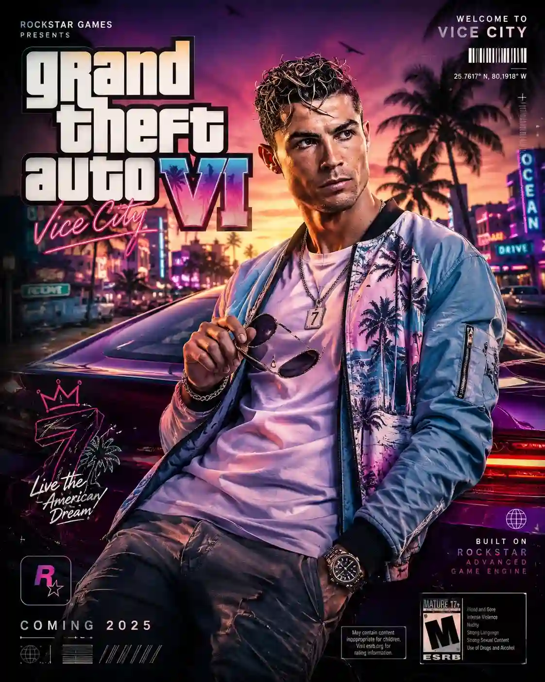 trend prompt: Create a highly detailed 8K portrait poster inspired by the iconic visual style of the modern Grand Theft Auto VI promotional artwork aesthetic, featuring a cinematic urban atmosphere with bold composition, vibrant lighting, layered graphic elements, and stylish contemporary street-luxury fashion energy. The overall design must strongly capture the signature mood of GTA VI posters, including dynamic neon color grading, tropical-modern city vibes, dramatic shadows, glossy highlights, stylized textures, decorative ornaments, graphic overlays, urban symbols, luxury lifestyle accents, and immersive environmental storytelling. Add premium poster decorations such as abstract shapes, graffiti-inspired accents, subtle retro-modern textures, luxury vehicle silhouettes, nightlife elements, palm tree shadows, street sign details, glowing reflections, and layered visual effects that enrich the composition without making it feel overcrowded.
Include a large cinematic title text “Grand Theft Auto VI” prominently on the poster using typography inspired by official AAA video game promotional posters, with the full version of “GTA” clearly written as “Grand Theft Auto.” The typography should feel bold, luxurious, modern, and integrated naturally into the poster design, supported by additional smaller decorative texts, symbols, labels, and graphic UI-style elements to strengthen the authentic game-poster atmosphere.
The subject must not replicate the exact pose from the reference photo. Create a completely fresh and more visually engaging pose with stronger body language, natural movement, and expressive emotion. The expression should feel alive, charismatic, confident, and cinematic rather than stiff, awkward, or flat. The pose must resemble the elegance and attitude of an international fashion model, combining stylish confidence with relaxed realism. Avoid static standing poses. Instead, use dynamic posture, subtle movement, fashionable gestures, asymmetrical body positioning, realistic interaction with the environment, and strong eye expression to create a premium editorial look.
The outfit should feature trendy modern casual fashion with a luxurious streetwear influence. The clothing must feel fashionable, youthful, and visually rich, avoiding plain or monotonous styling. Combine varied colors, layered clothing pieces, modern fabric textures, unique motifs, stylish accessories, and contemporary fashion details that complement the GTA VI-inspired atmosphere. The styling should feel premium, photogenic, and believable, similar to high-end editorial fashion mixed with modern open-world video game aesthetics.
Use cinematic lighting with realistic skin texture, detailed fabric rendering, atmospheric reflections, depth-rich environment composition, balanced contrast, and ultra-sharp visual clarity. The poster should feel like an official next-generation AAA game promotional artwork with highly polished rendering quality, immersive visual storytelling, and professional graphic design execution. Ultra-detailed, highly aesthetic, cinematic composition, realistic proportions, premium poster layout, vibrant modern color palette, visually powerful, and rendered in ultra high-definition 8K quality. Ratio 4:5
