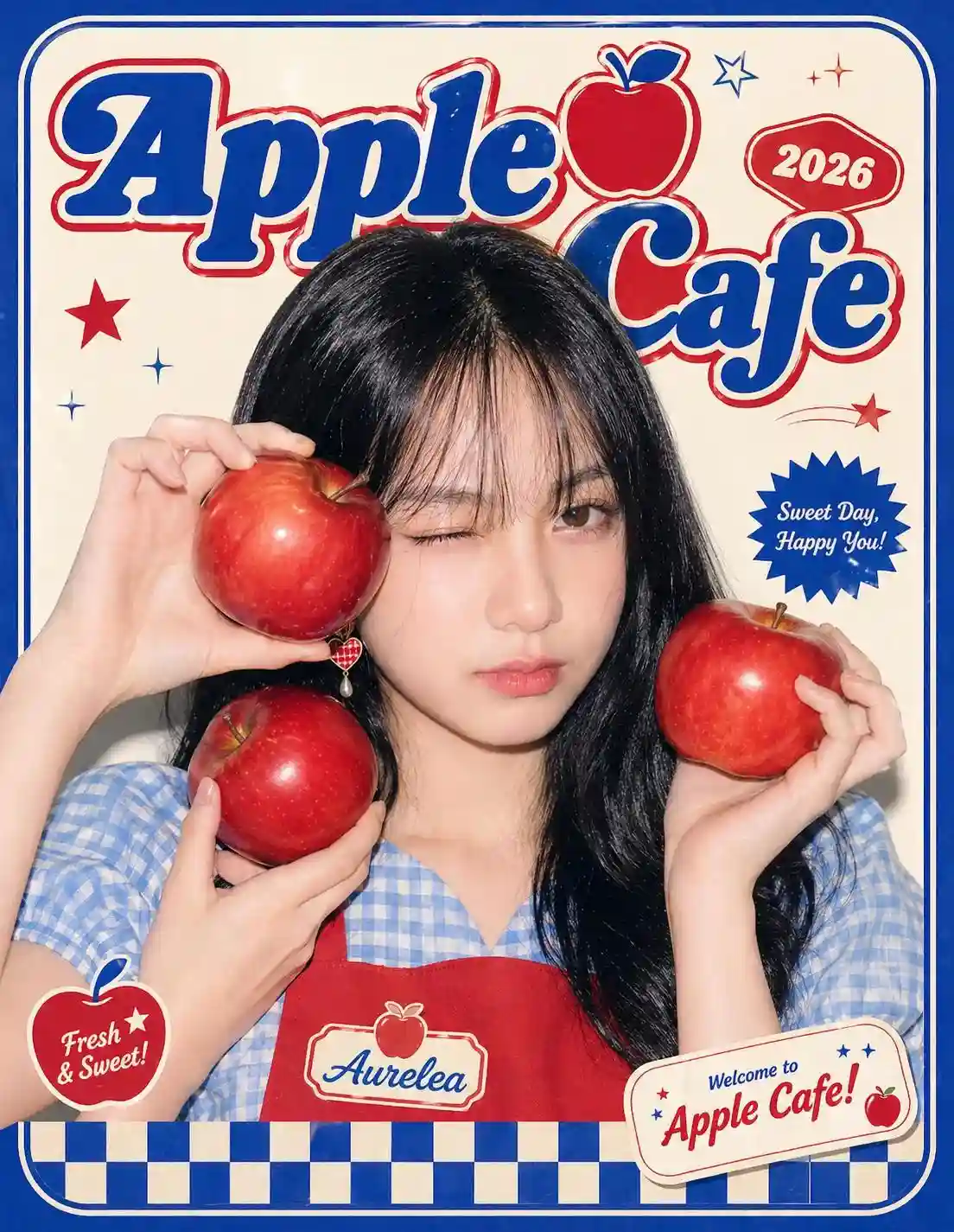 trend prompt: Ultra-stylized fashion editorial poster, cute Asian girl model posing confidently in center frame, glossy skin, soft makeup, long black hair with wispy bangs, trendy streetwear styling, vibrant graphic typography filling the background, retro pop-art magazine layout, playful stickers, stars, hearts, barcodes, speech bubbles, chrome elements, layered UI graphics, Japanese/Korean text accents, colorful commercial poster design, clean studio lighting, high contrast flash photography, nostalgic 2000s teen magazine vibe, editorial fashion photography mixed with graphic design, ultra detailed, sharp focus, premium print aesthetic, trendy K-fashion campaign style, 8k.